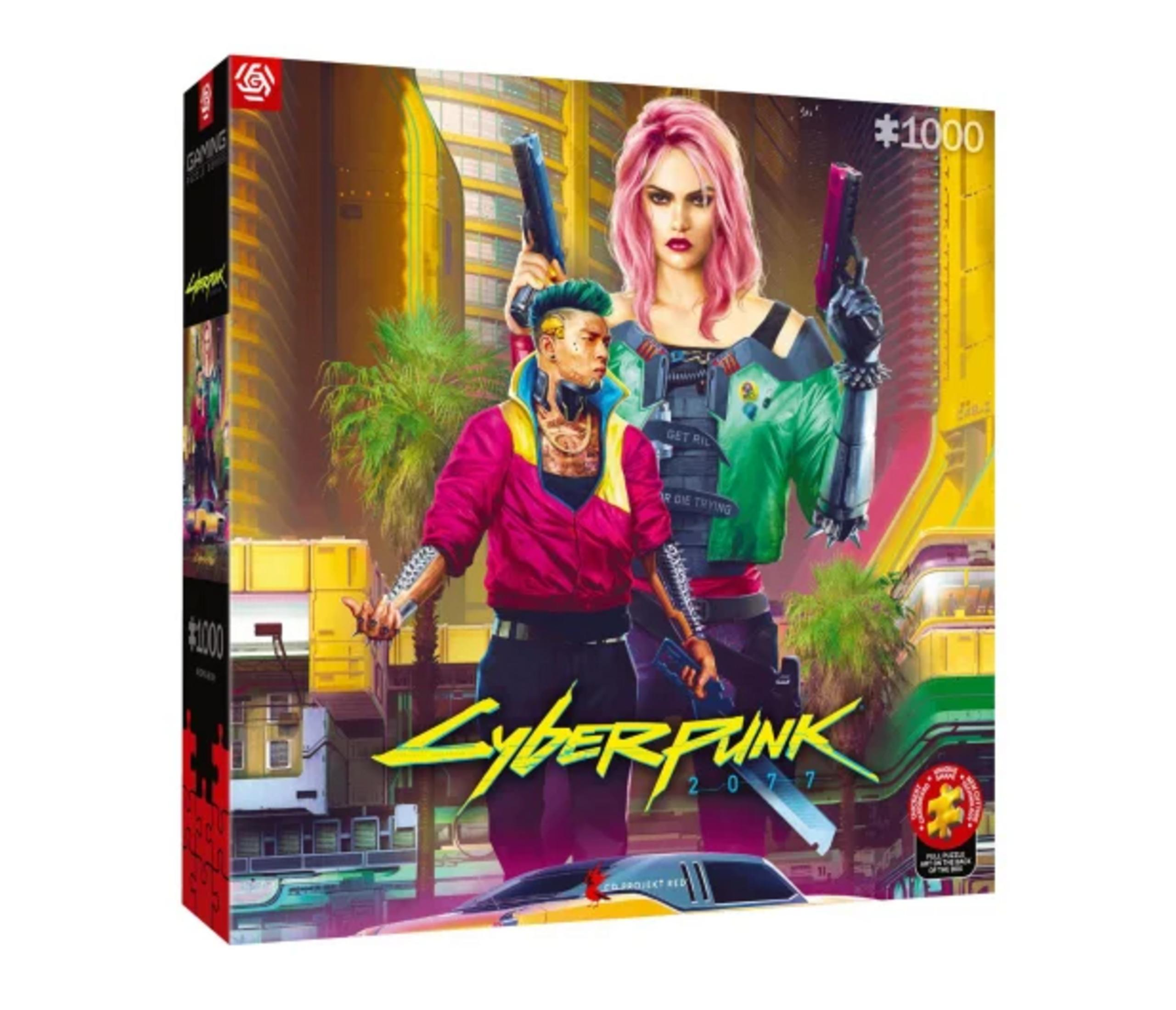 Scatola puzzle Cyberpunk 2077 con due personaggi armati in una città futuristica.