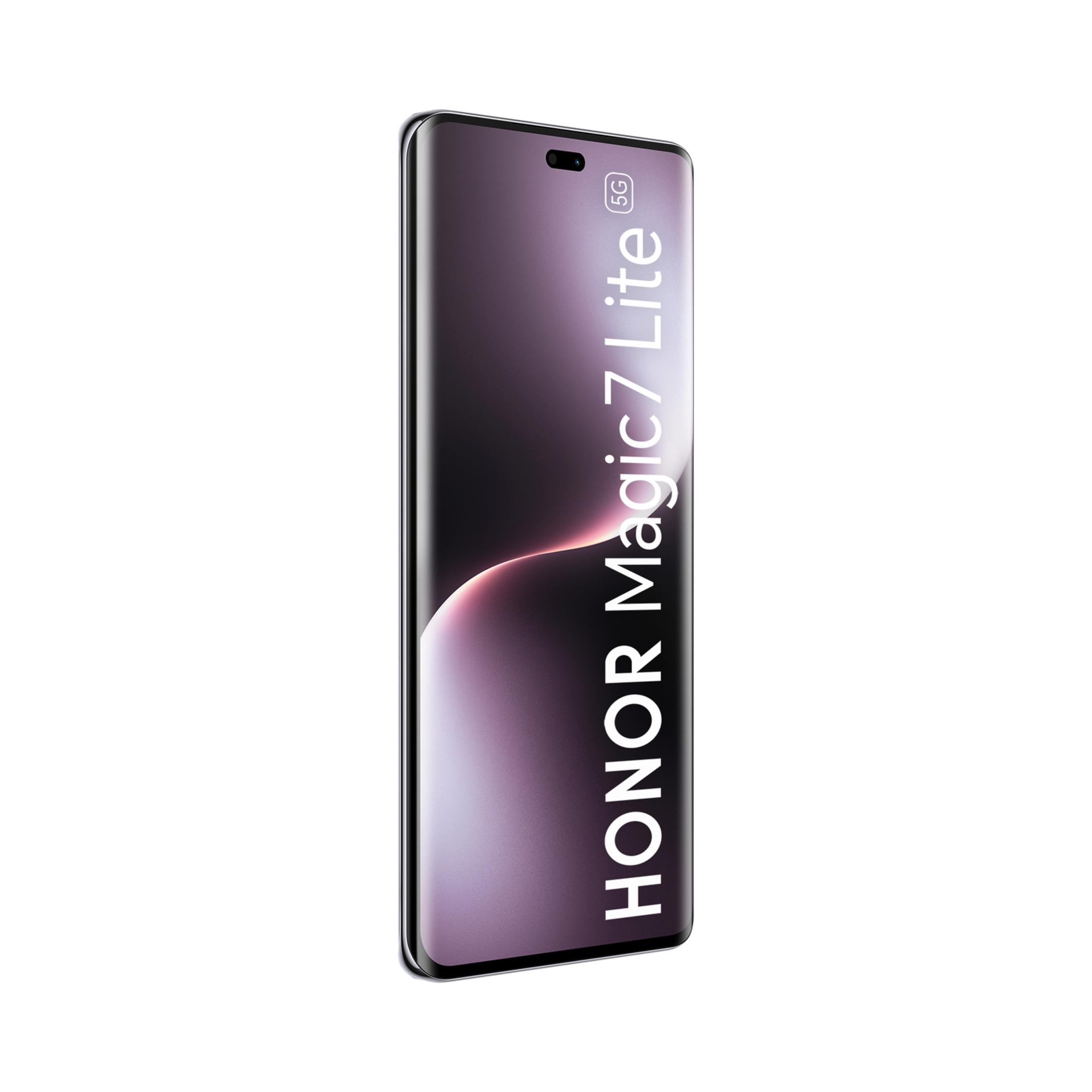 Un smartphone HONOR Magic7 Lite 5G con un fondo abstracto morado.