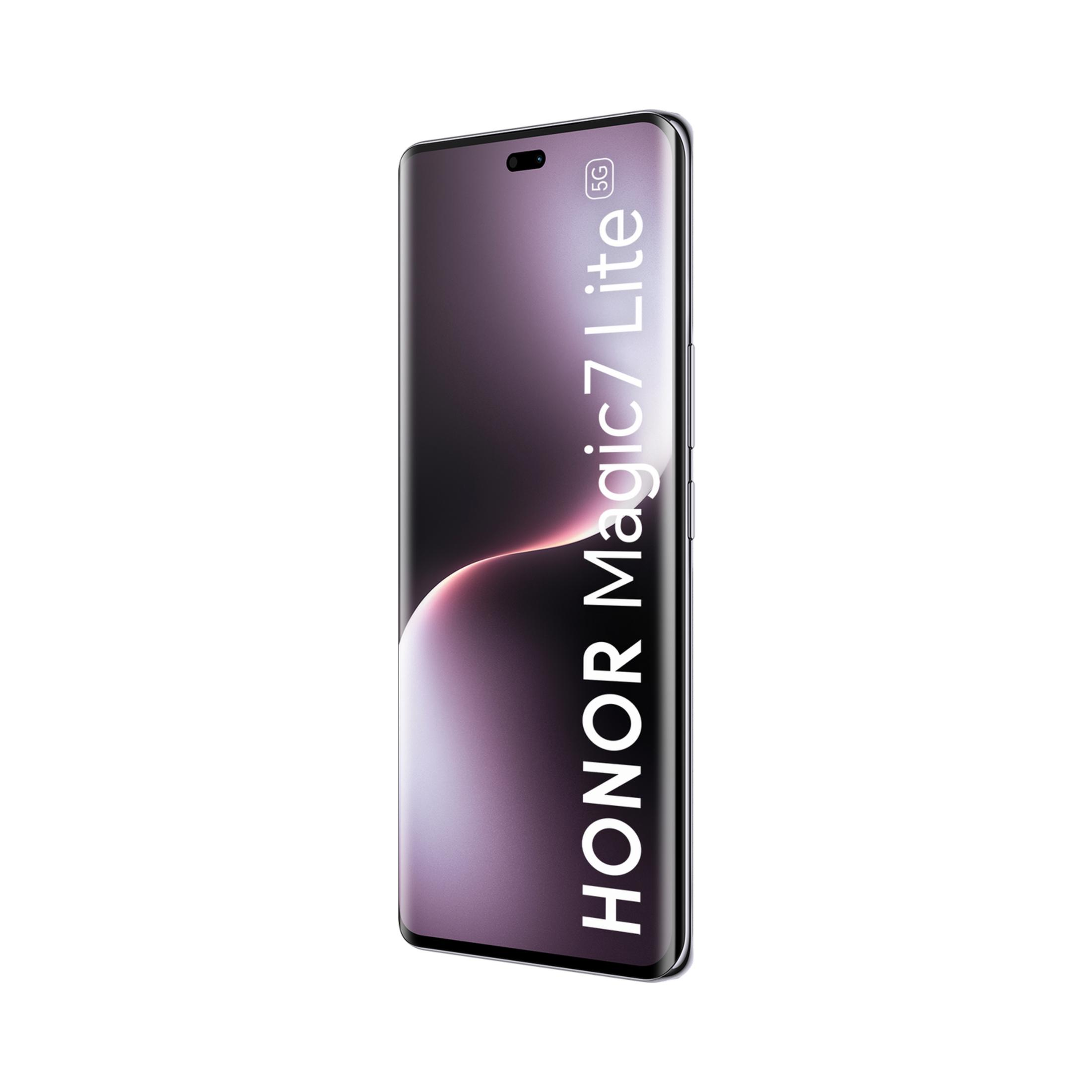 Smartphone Honor Magic7 Lite 5G con degradado morado y cámara perforada.