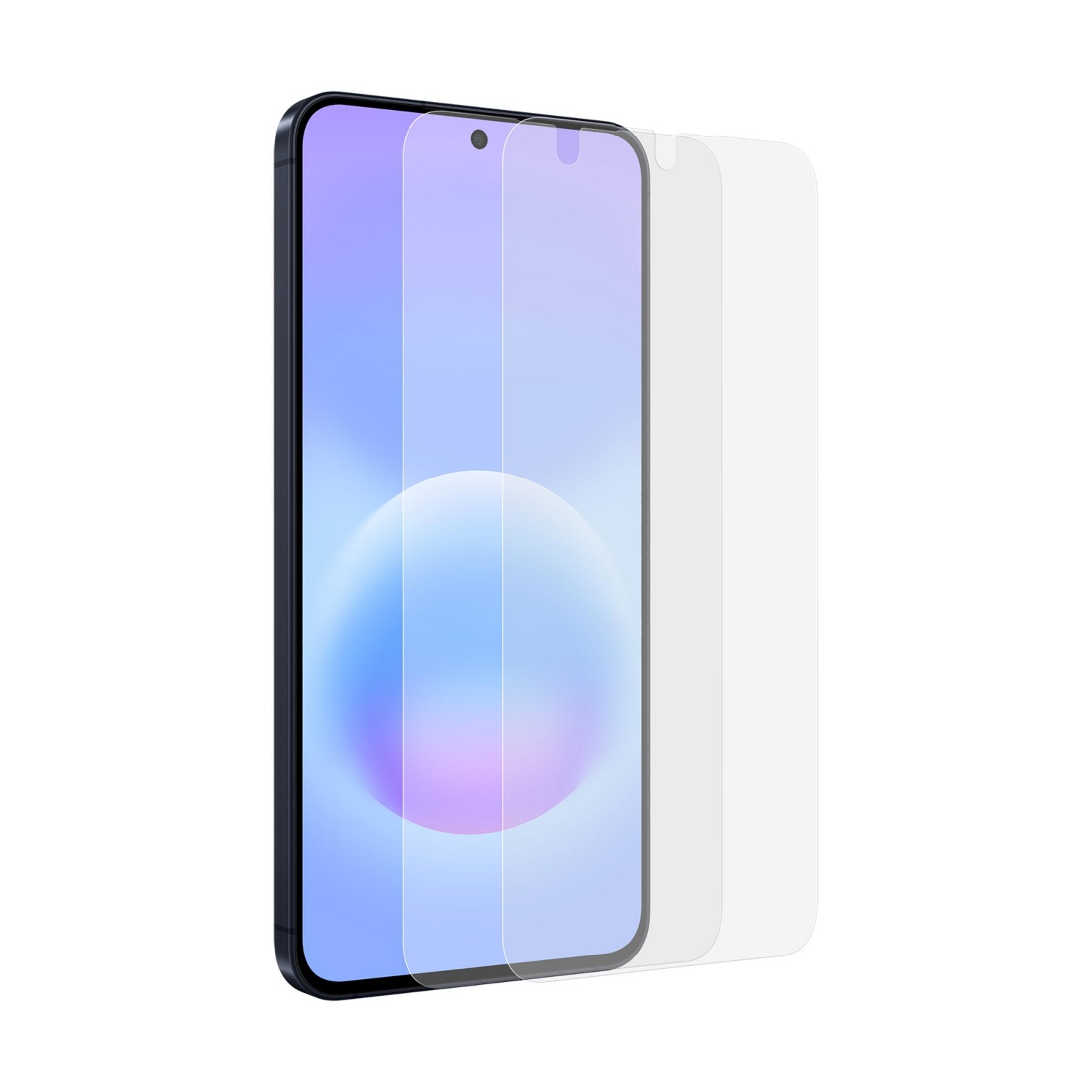 A smartphone screen protector lies on top of another, showing a blue and purple background.