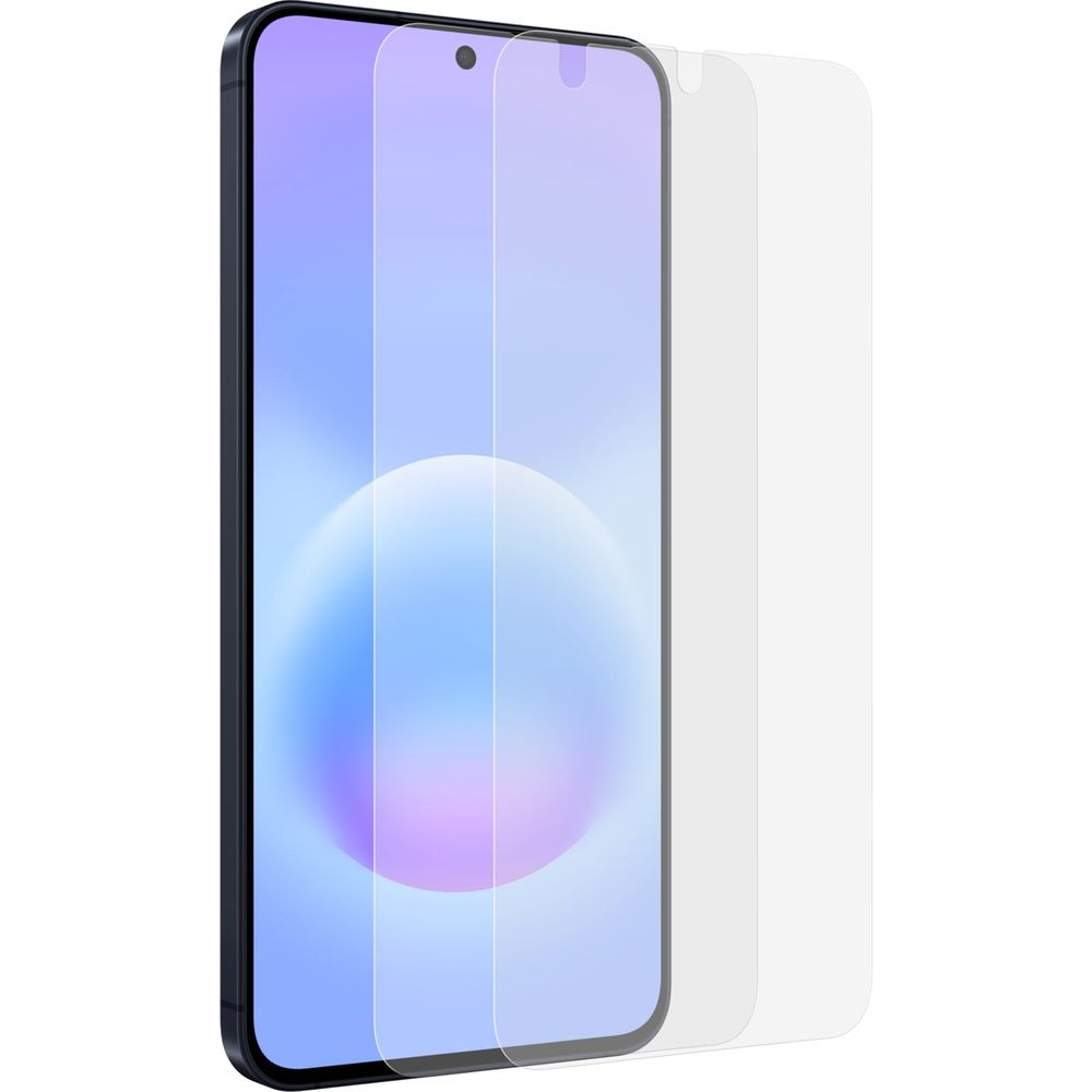 A glass screen protector is placed next to a smartphone.