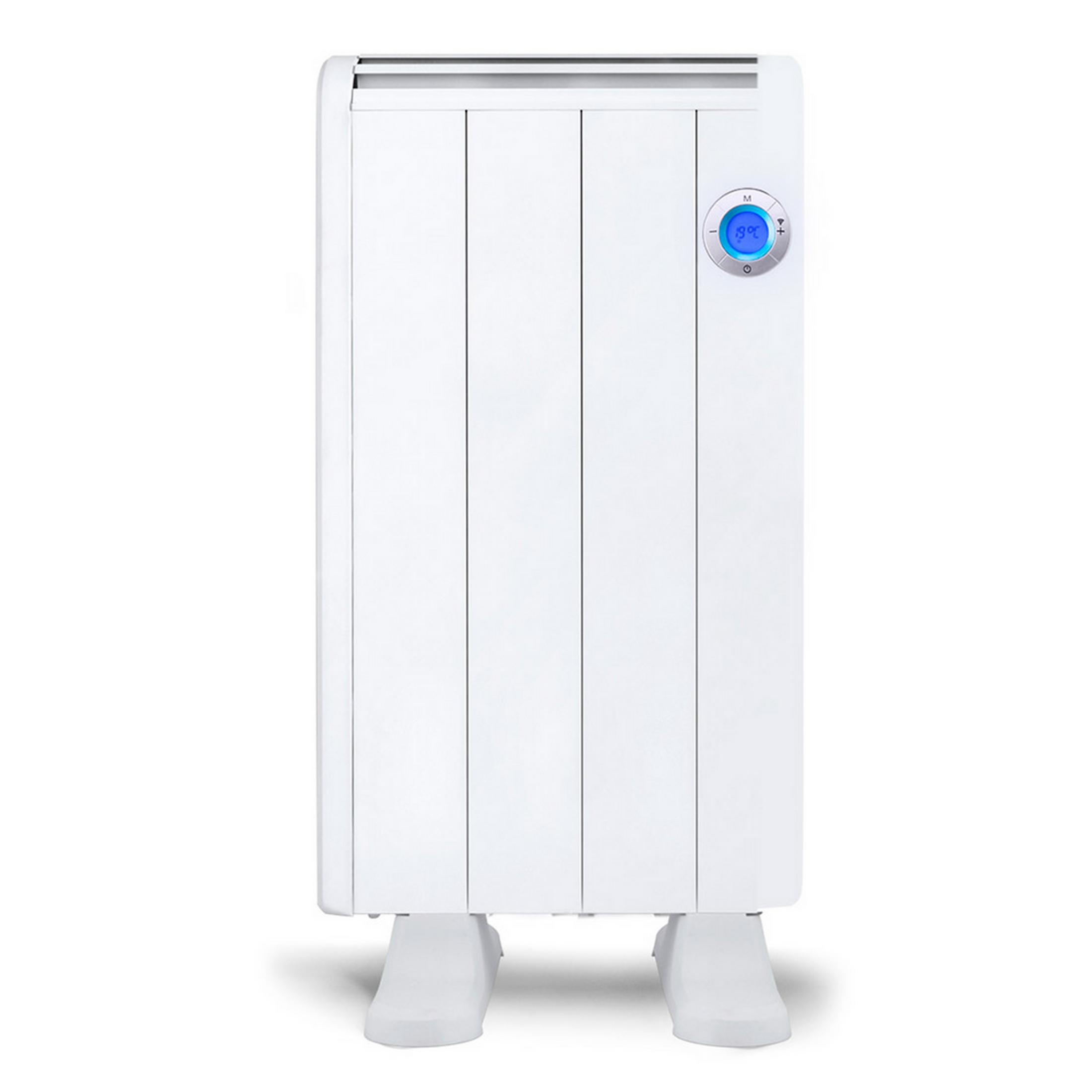 Un radiador eléctrico blanco con pantalla digital que muestra 19°C.