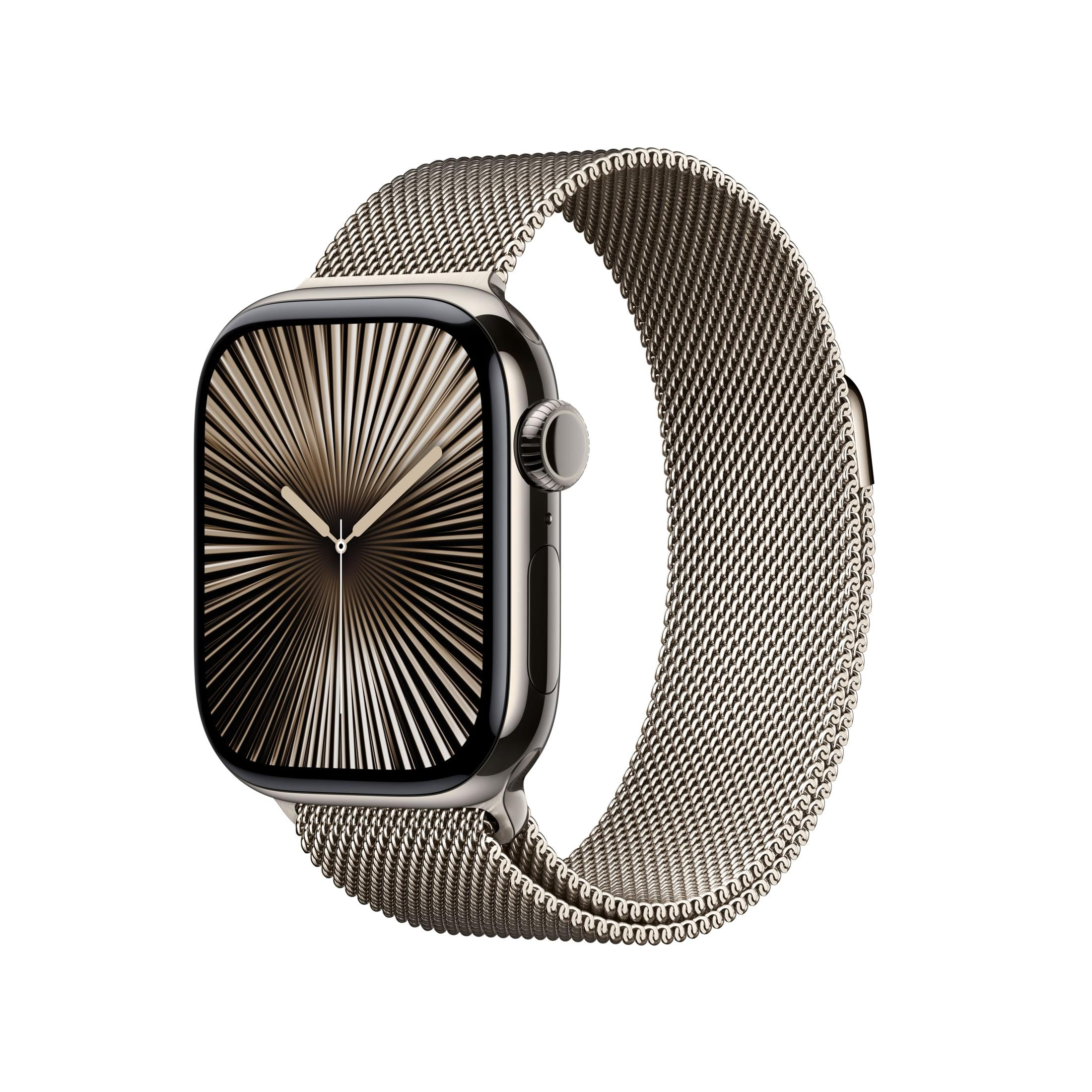 Srebrny smartwatch z siatkowym paskiem i tarczą w kształcie wachlarza.