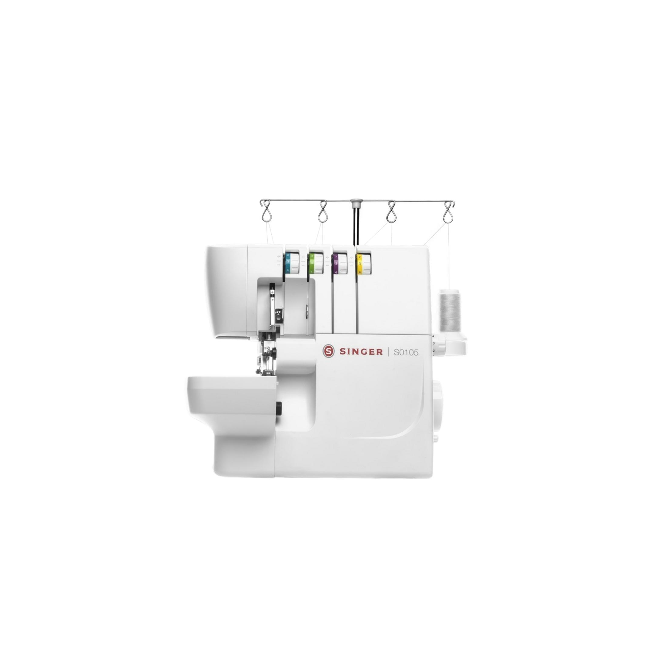 Weiße Singer Overlock Nähmaschine S0105 mit bunten Fadenführungen.
