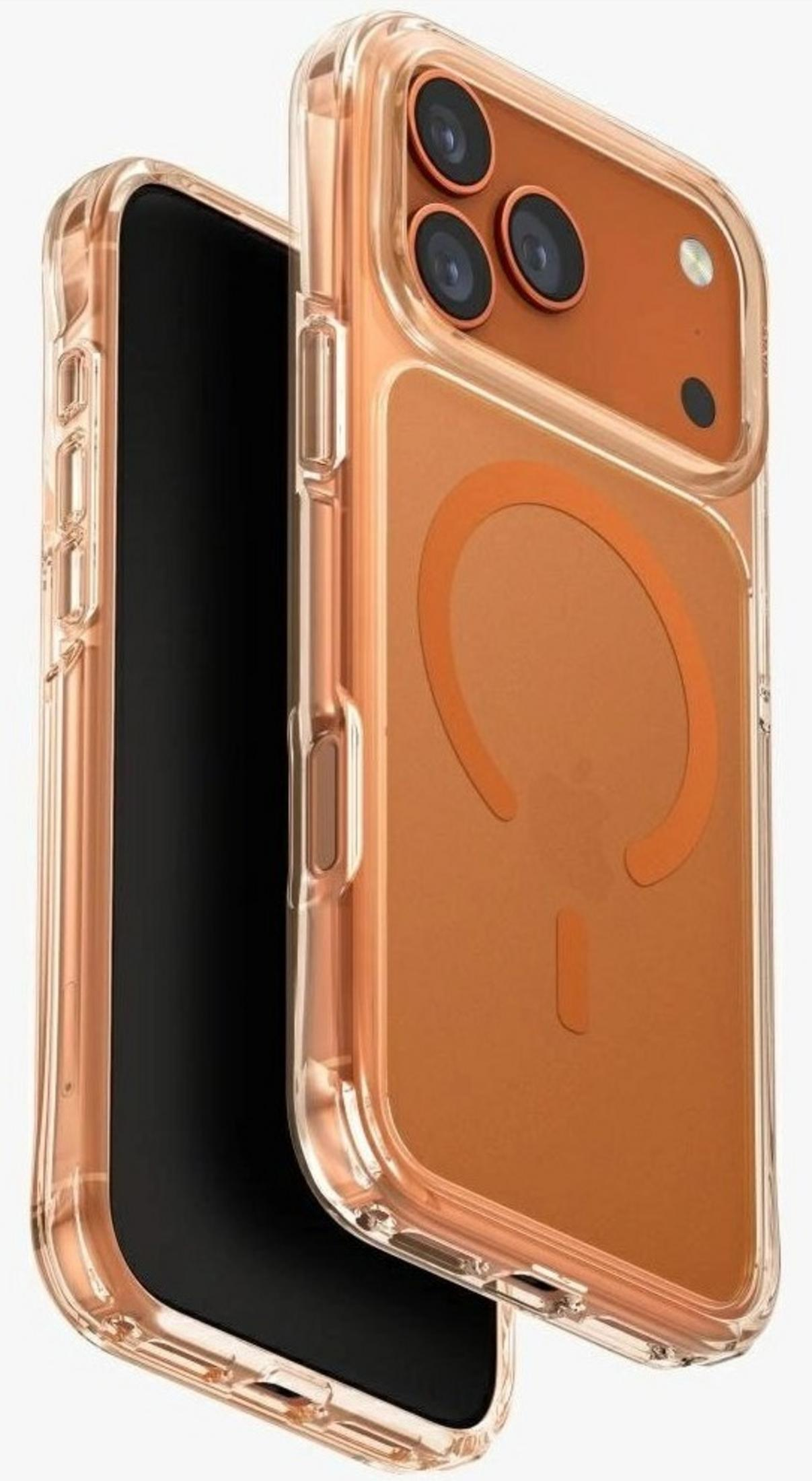 Turuncu iPhone arkalı, üç kameralı şeffaf kılıf.