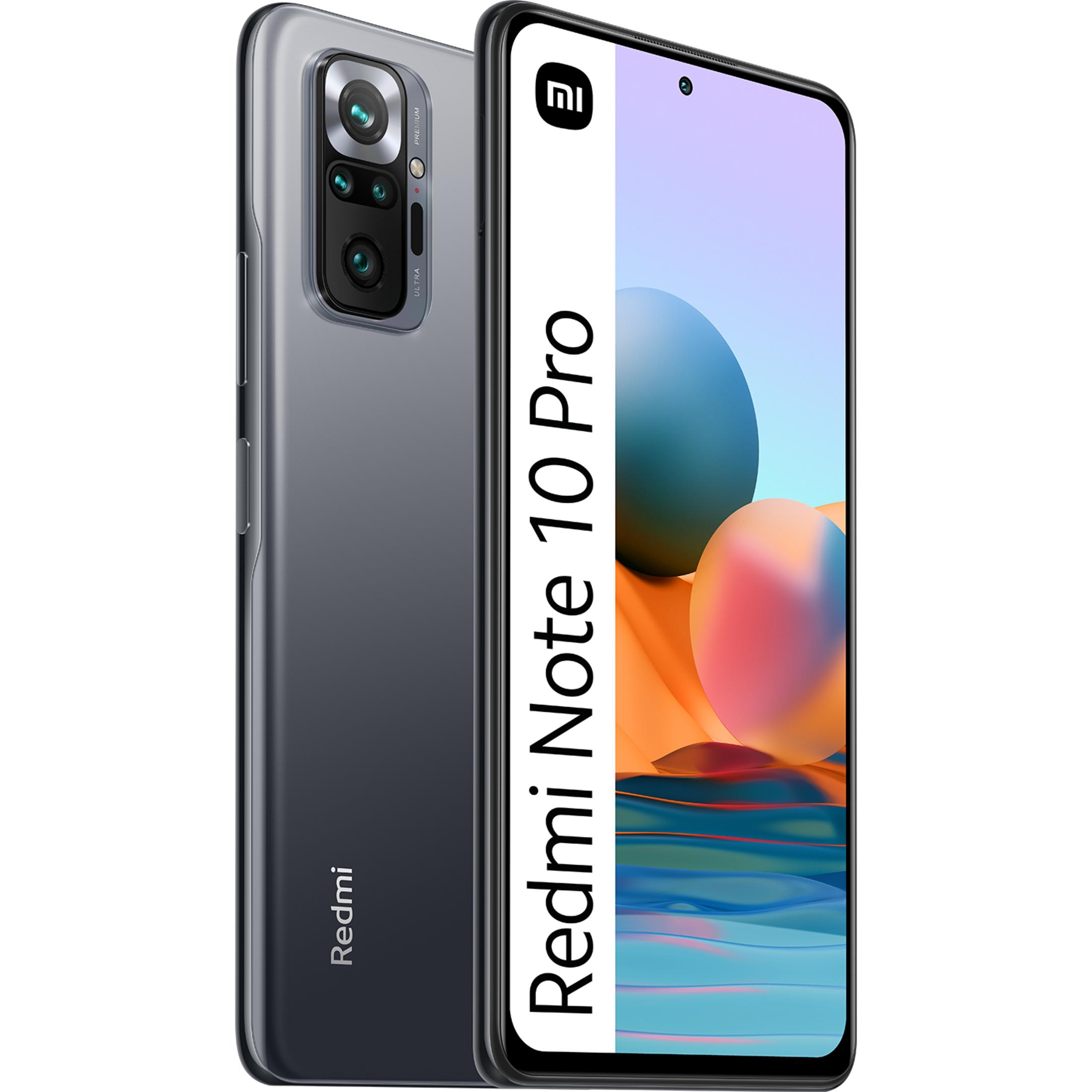 Graues Xiaomi Redmi Note 10 Pro Smartphone mit Kameramodul und auf dem Bildschirm.