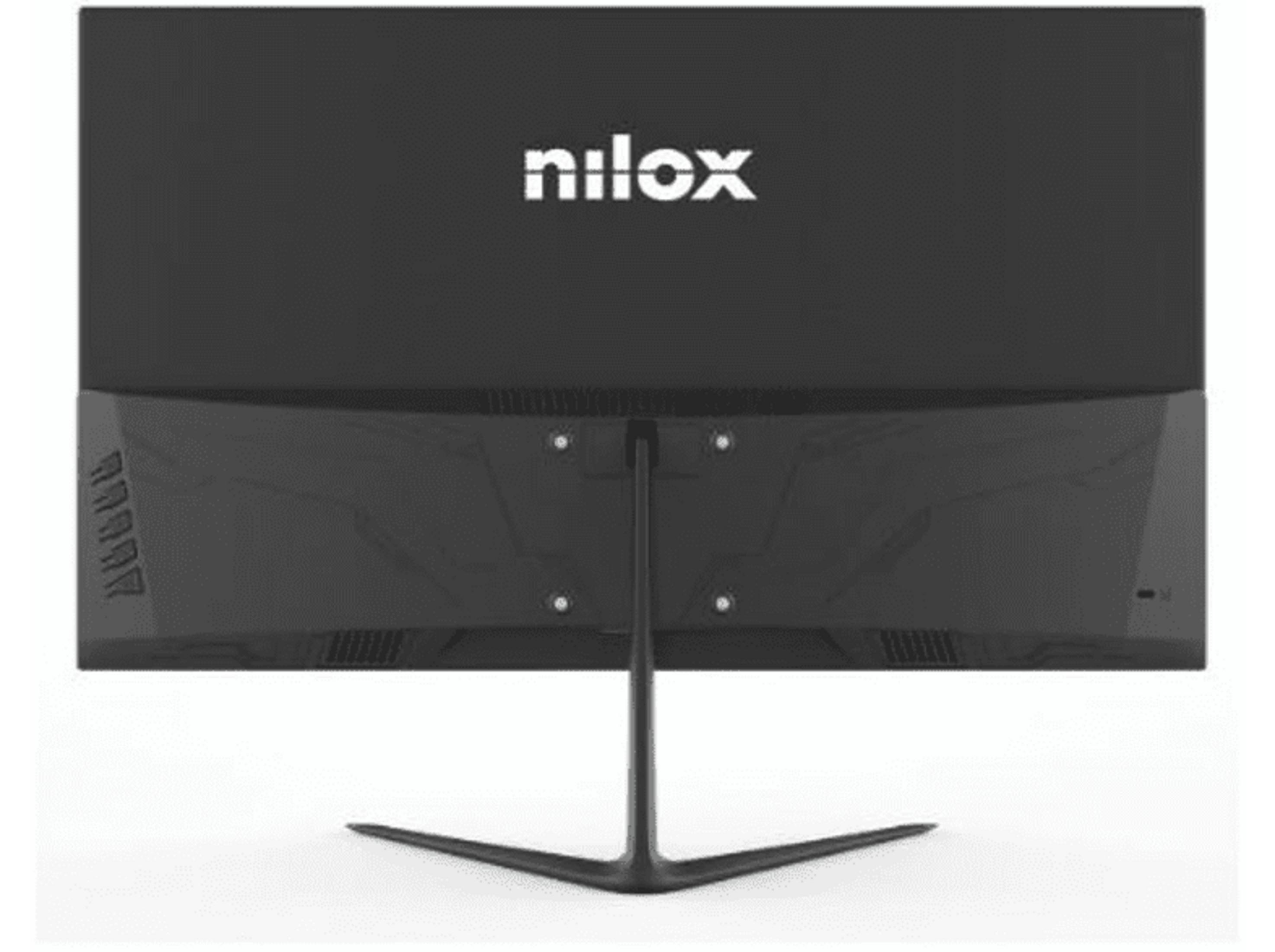 Vista trasera de un monitor negro con el logo 'nilox' en la parte superior.