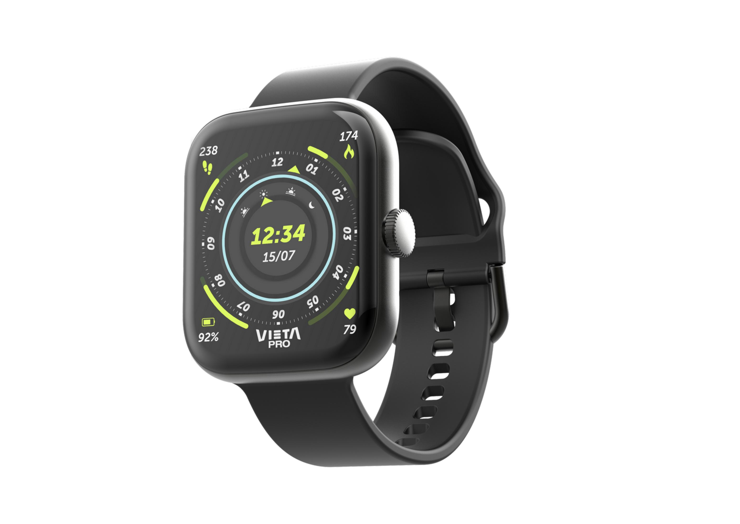 Un reloj inteligente negro con pantalla cuadrada que muestra las 12:34.