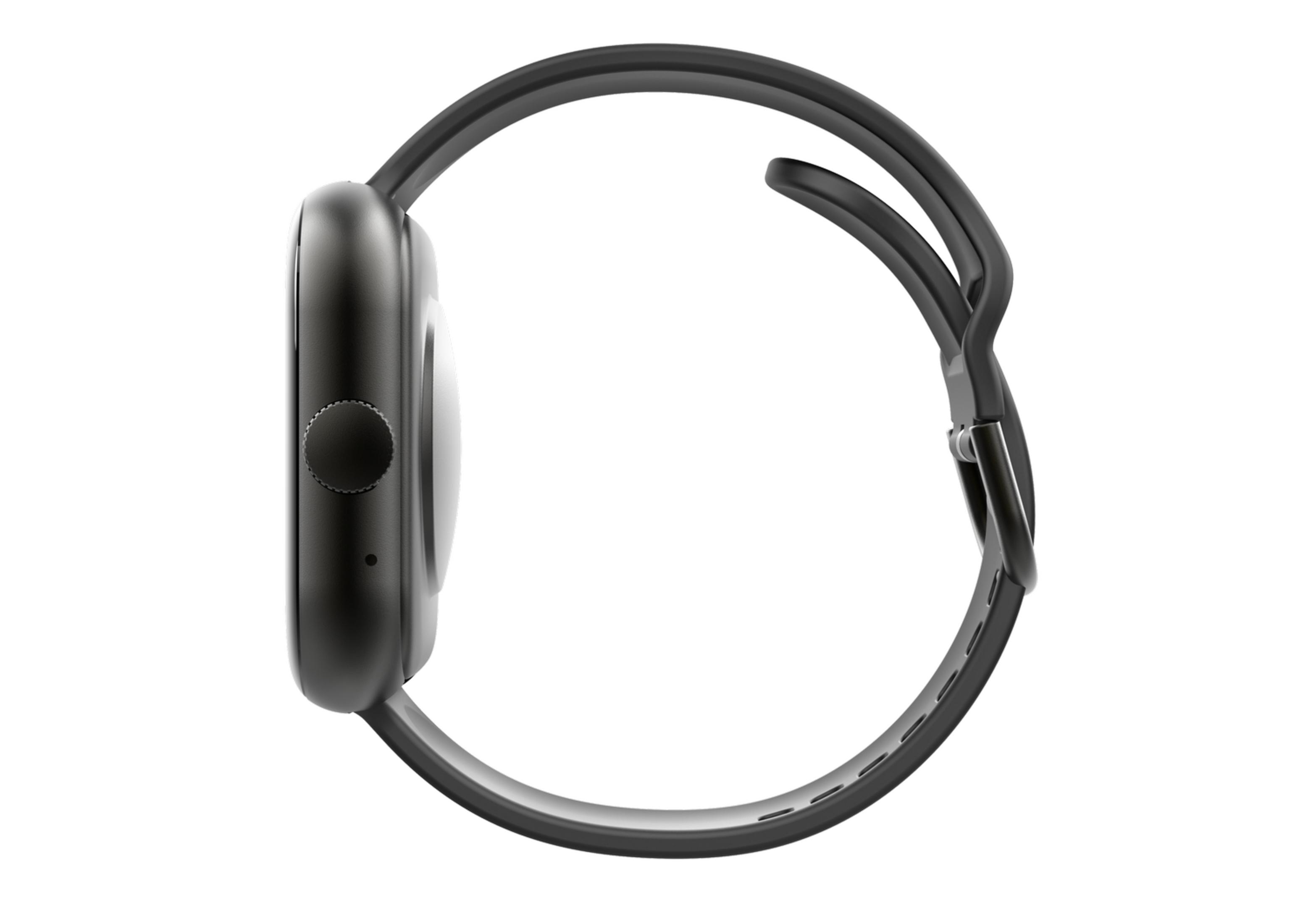 Reloj inteligente gris con correa negra, visto de perfil.