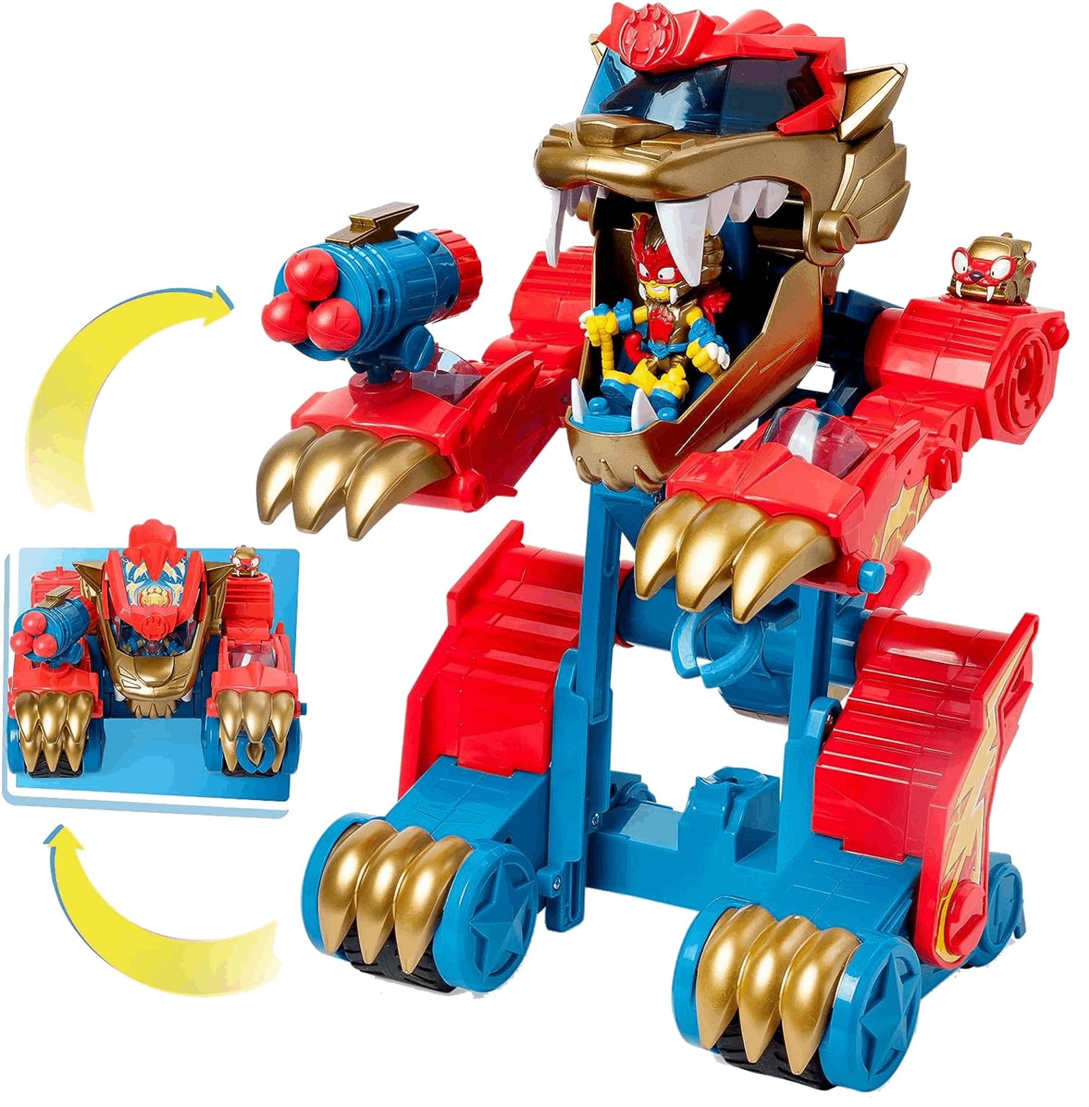 Un tanque robot rojo y azul con garras doradas y un conductor dentro.
