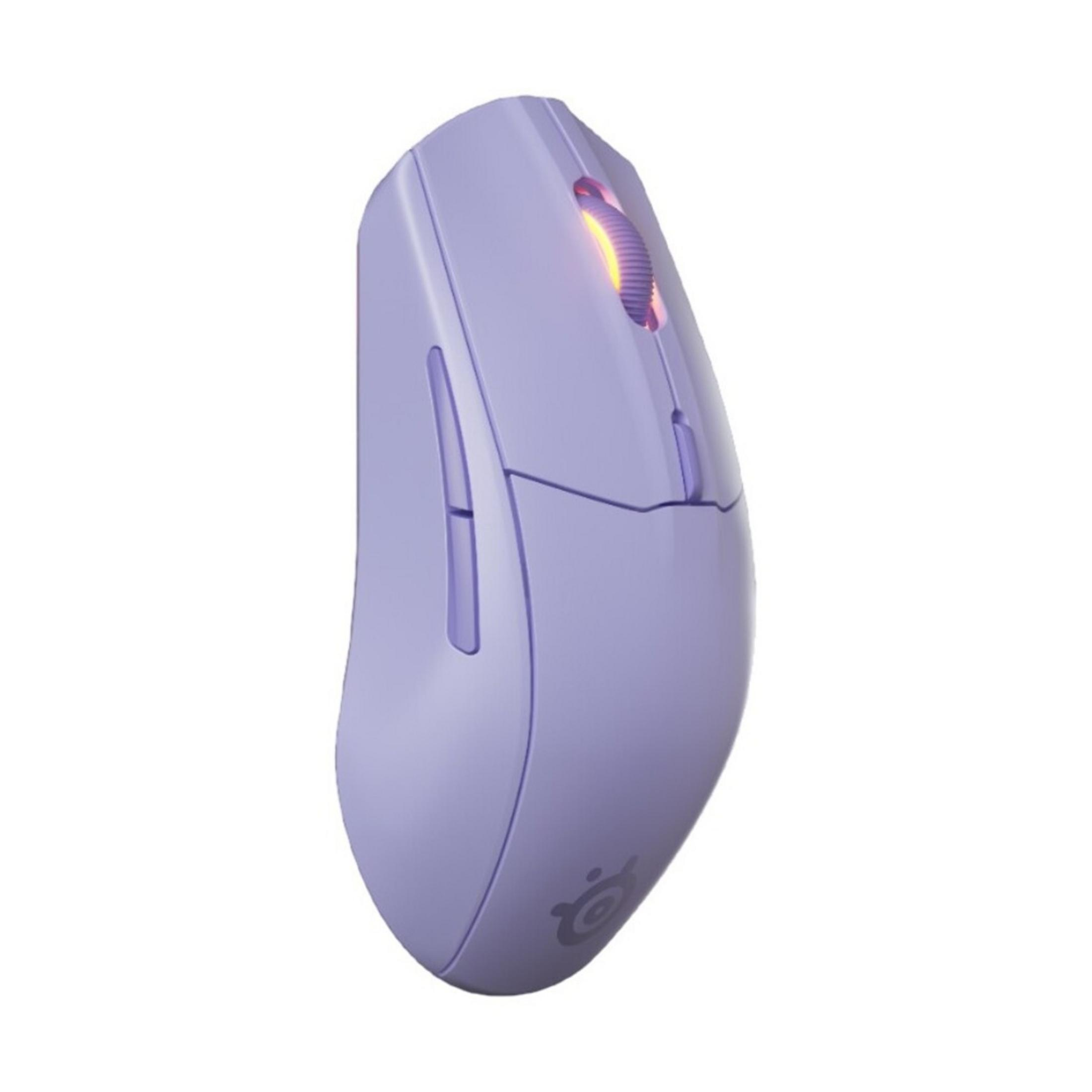 Eine lila Gaming-Maus mit beleuchtetem Scrollrad und Logo.