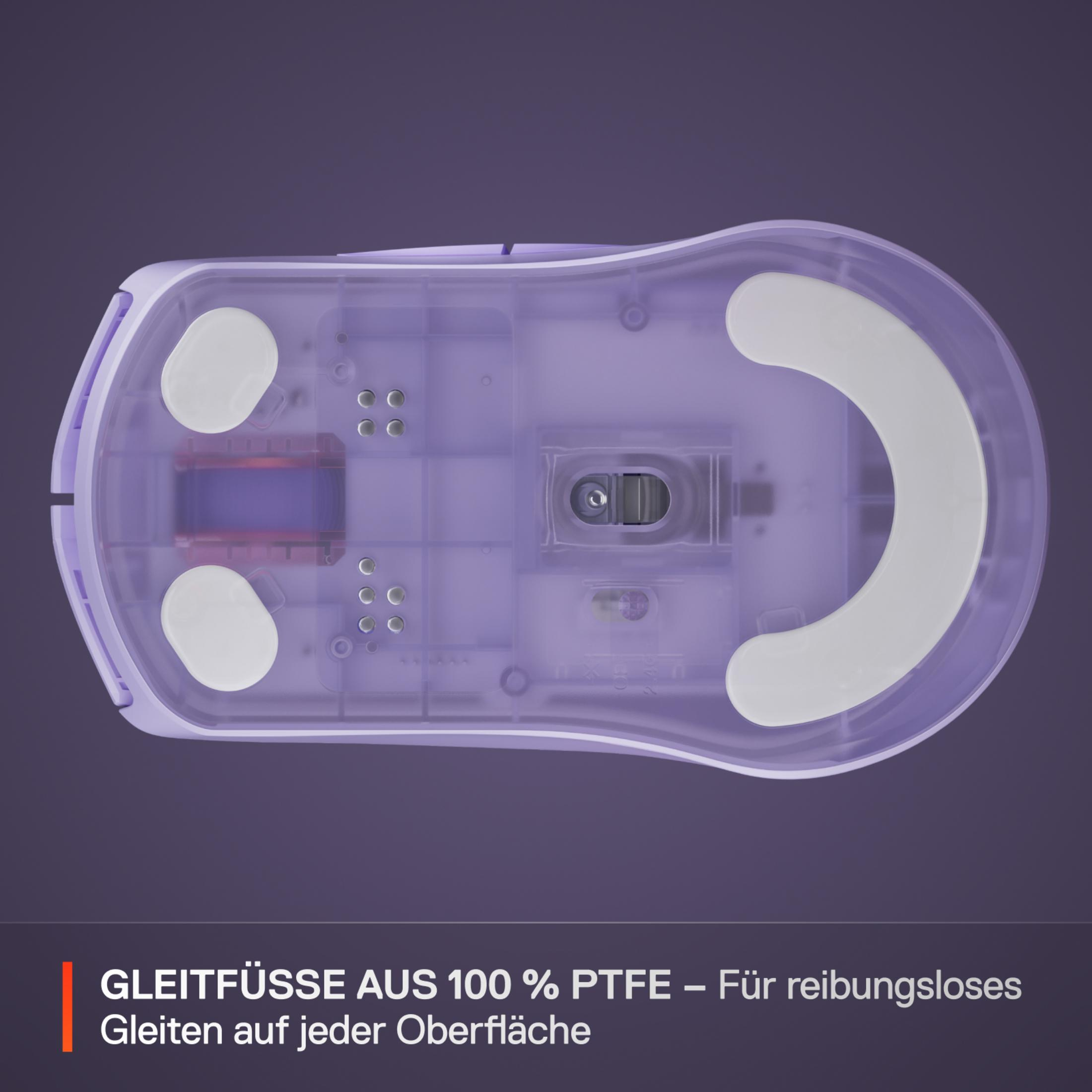 Oberseite einer transparenten lila Maus mit weißen Gleitfüßen und Schaltern.