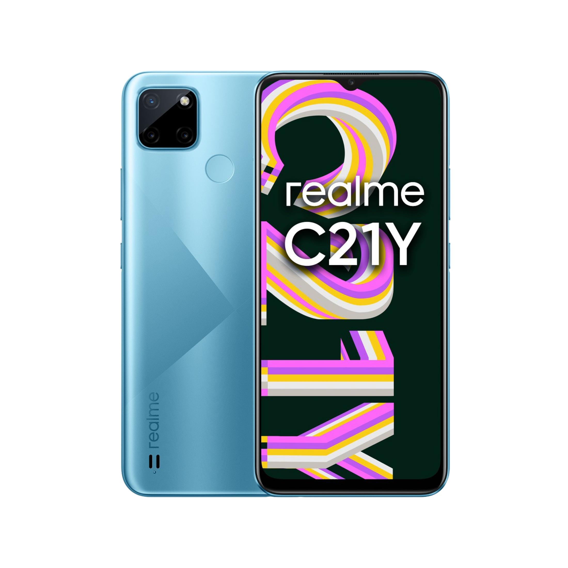 Ein hellblaues Realme C21Y Smartphone von vorne und hinten.