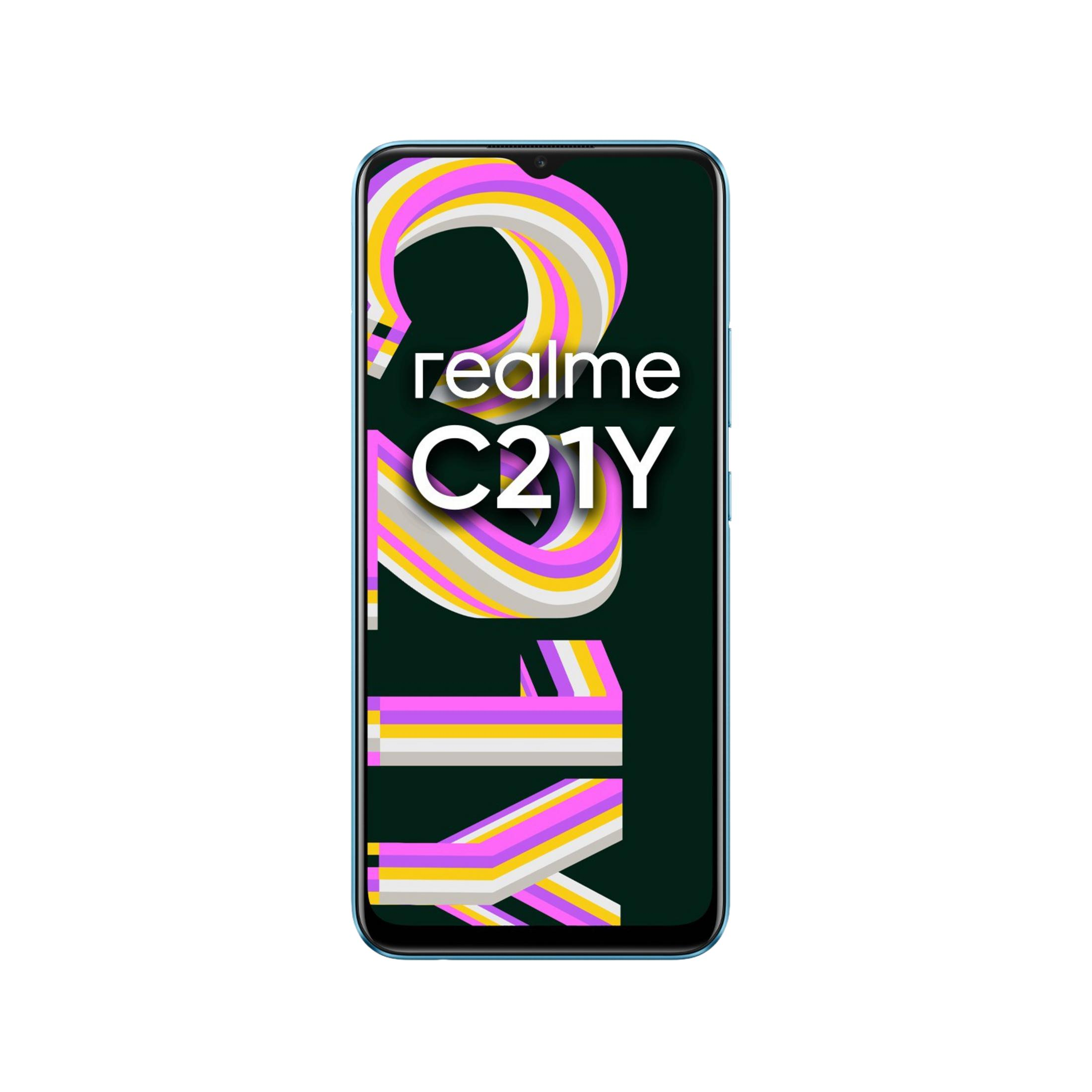 Ein hellblaues Smartphone mit dem Realme-Logo und dem Text C21Y.