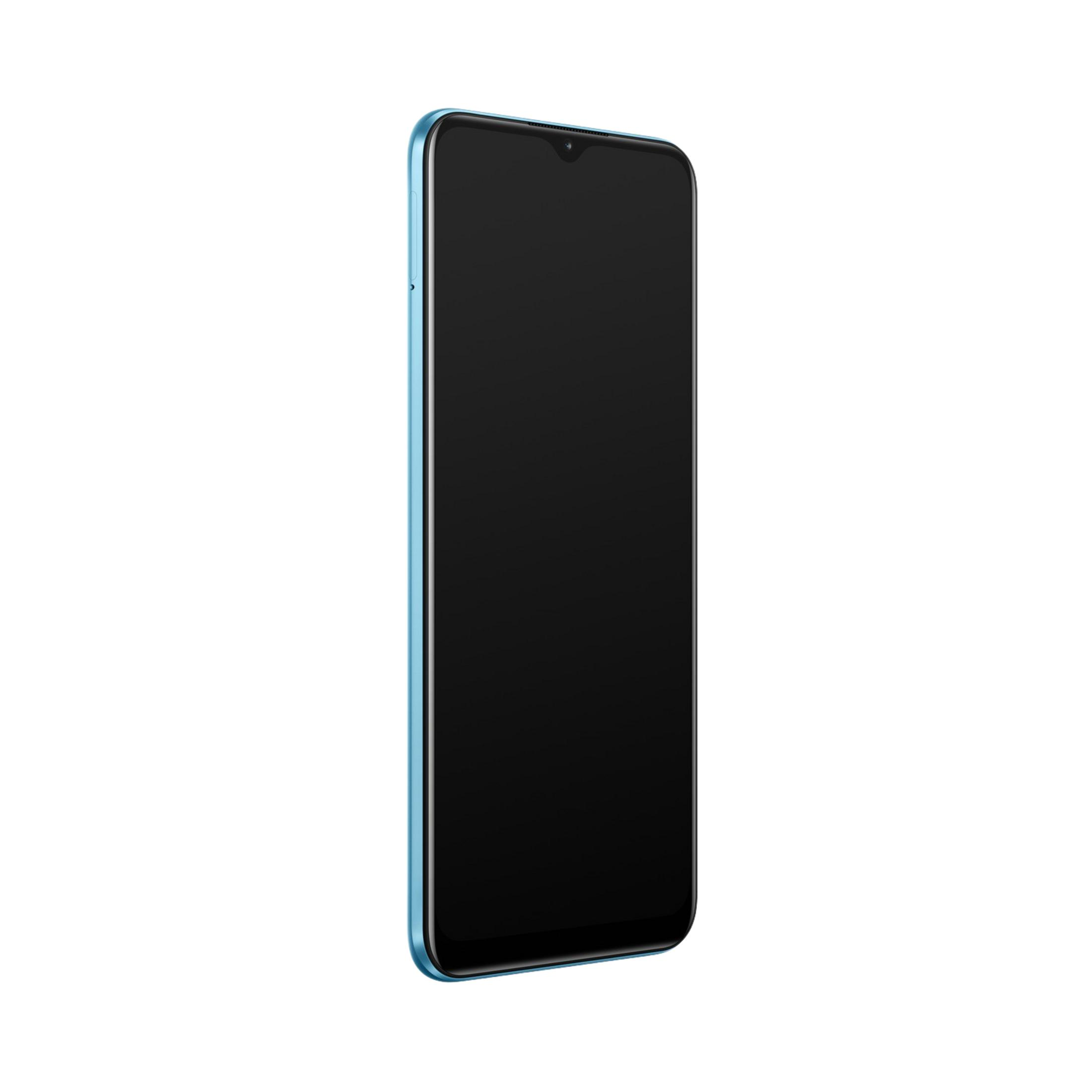Ein blaues Smartphone mit schwarzem Bildschirm, aus der Nähe betrachtet.