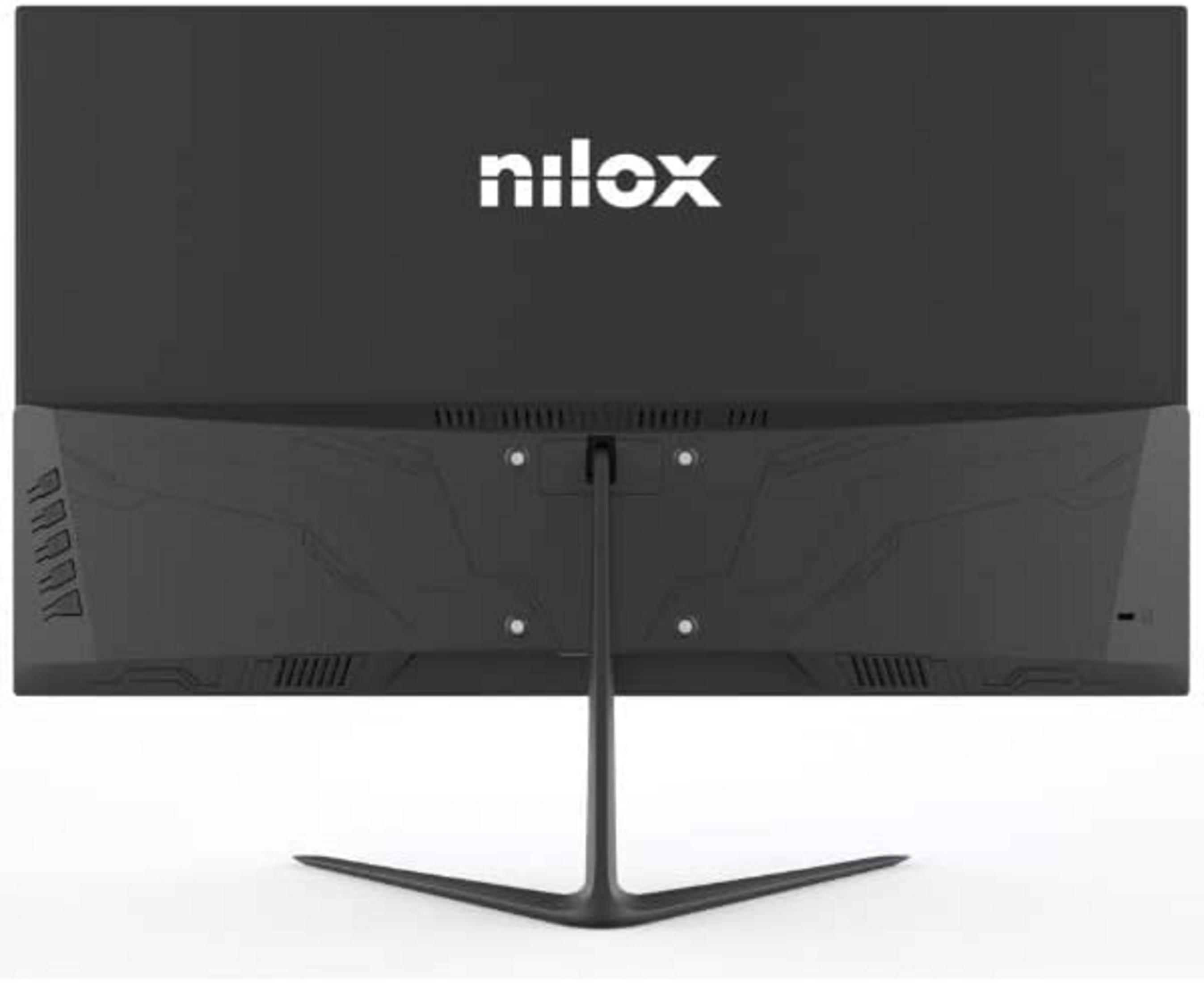 Tył czarnego monitora z logo "nilox" i podstawką.