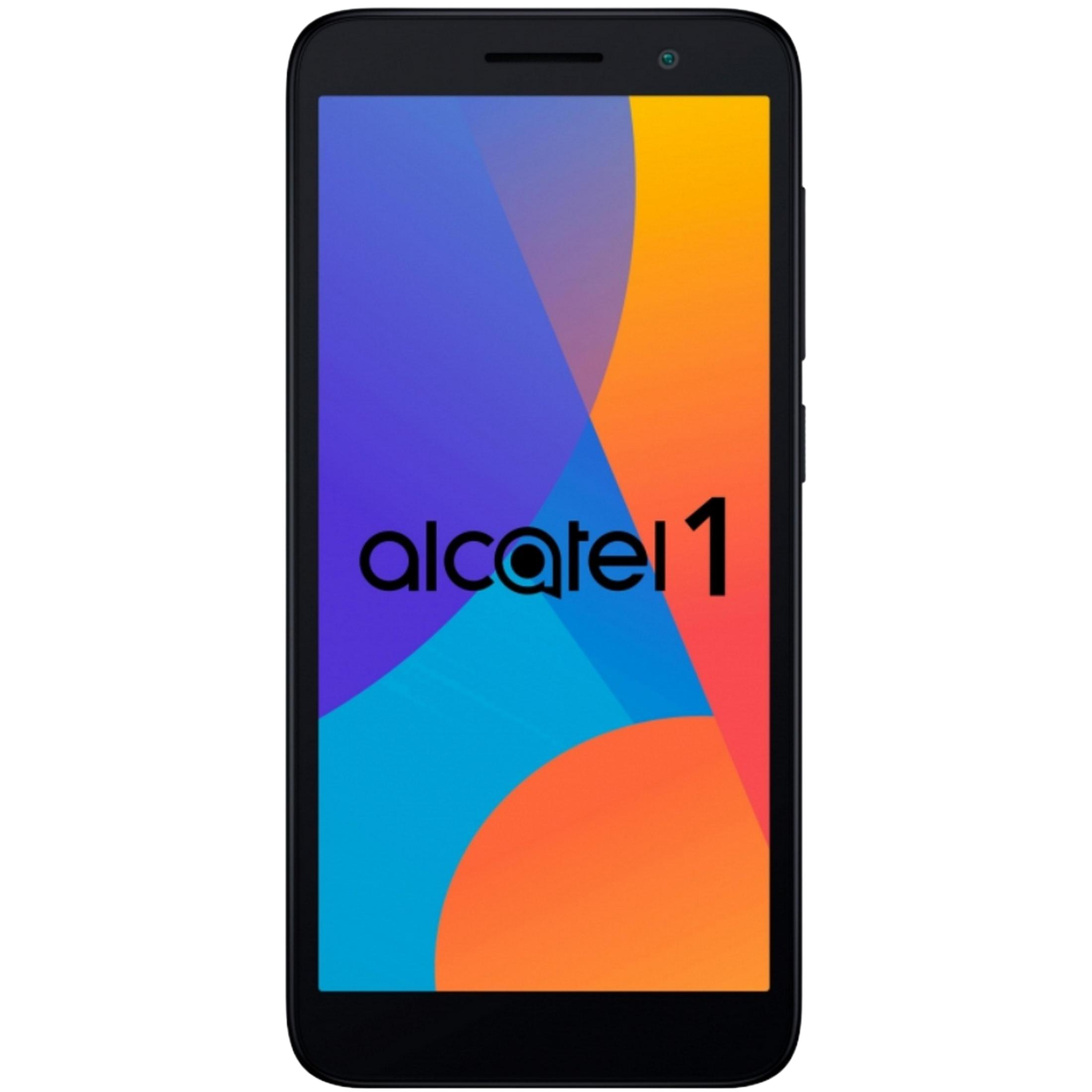 Uno smartphone Alcatel 1 nero con sfondo colorato.