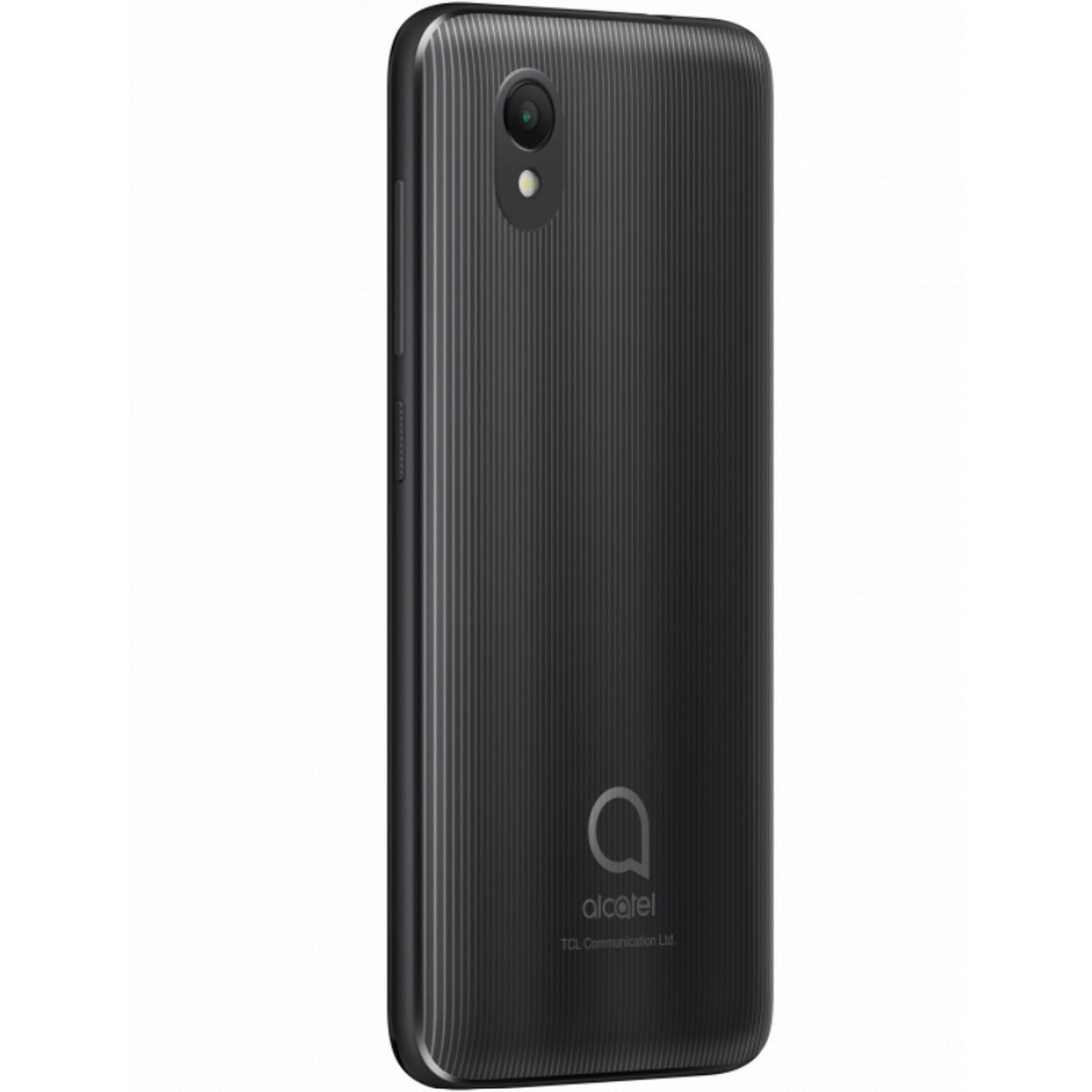 Retro di uno smartphone Alcatel nero con design a coste.