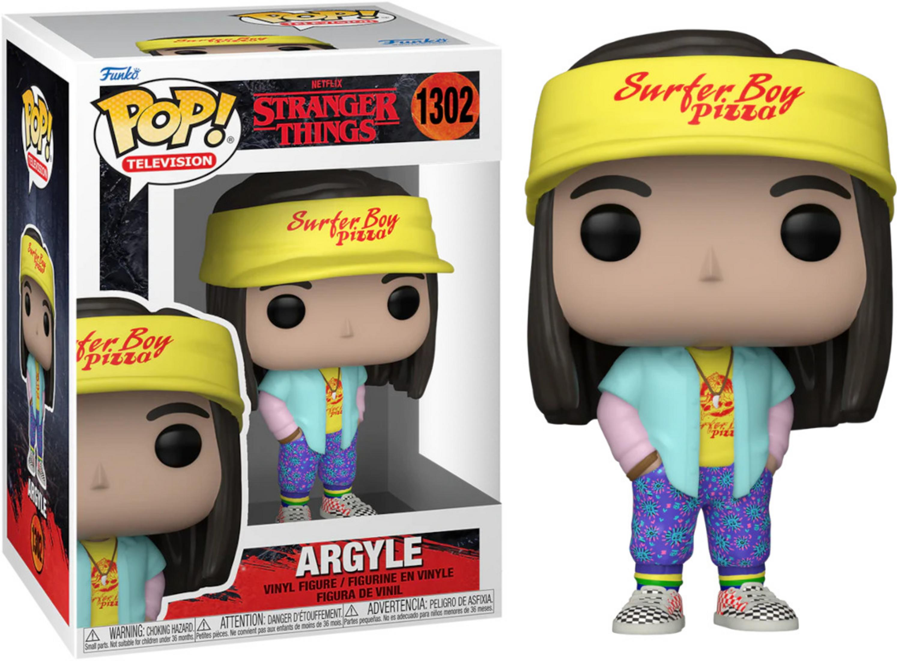 Action figure Funko Pop! in vinile di Argyle da Stranger Things con cappellino giallo Surfer Boy Pizza.