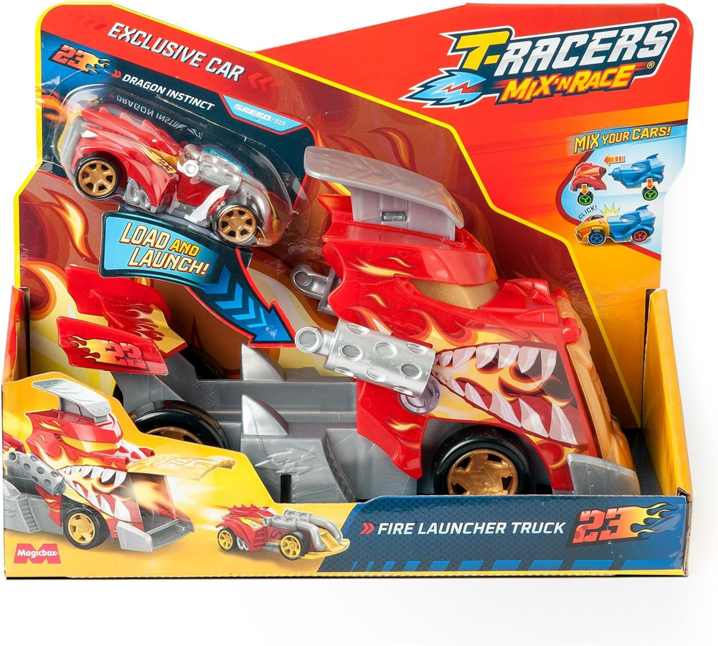 Caja con coches de juguete T-Racers Mix'n'Race rojos y amarillos, camión lanzallamas.