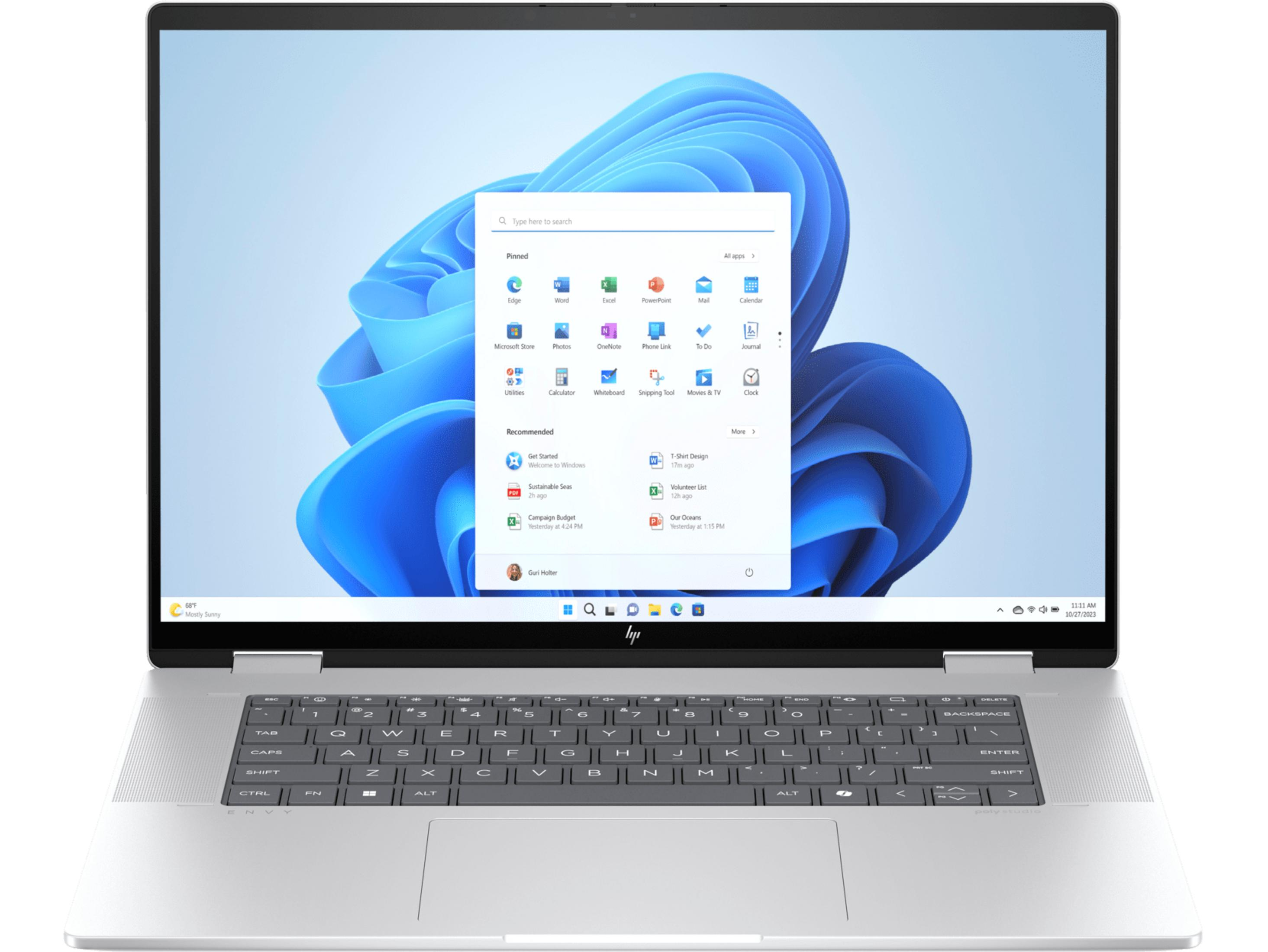 Un portátil que muestra el menú Inicio de Windows 11 con aplicaciones fijadas y recomendadas.