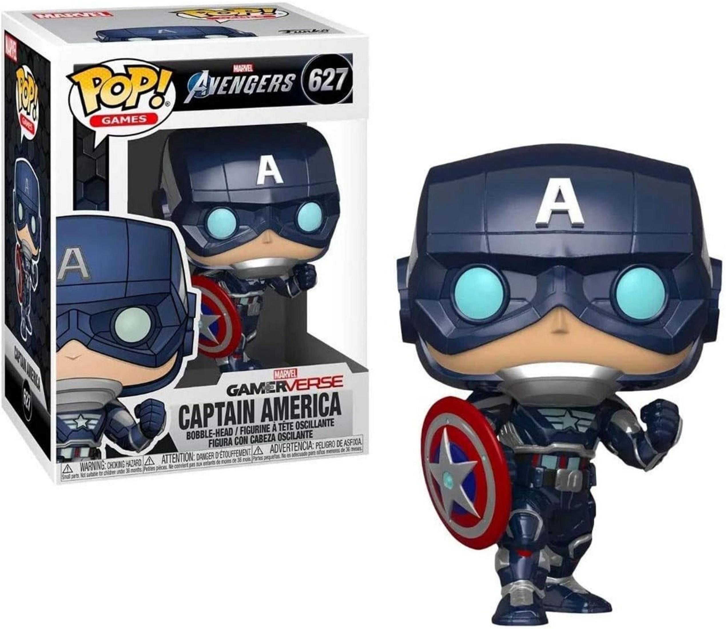Action figure Funko Pop Capitan America con scudo. Armatura blu scuro, 'A' sul casco.