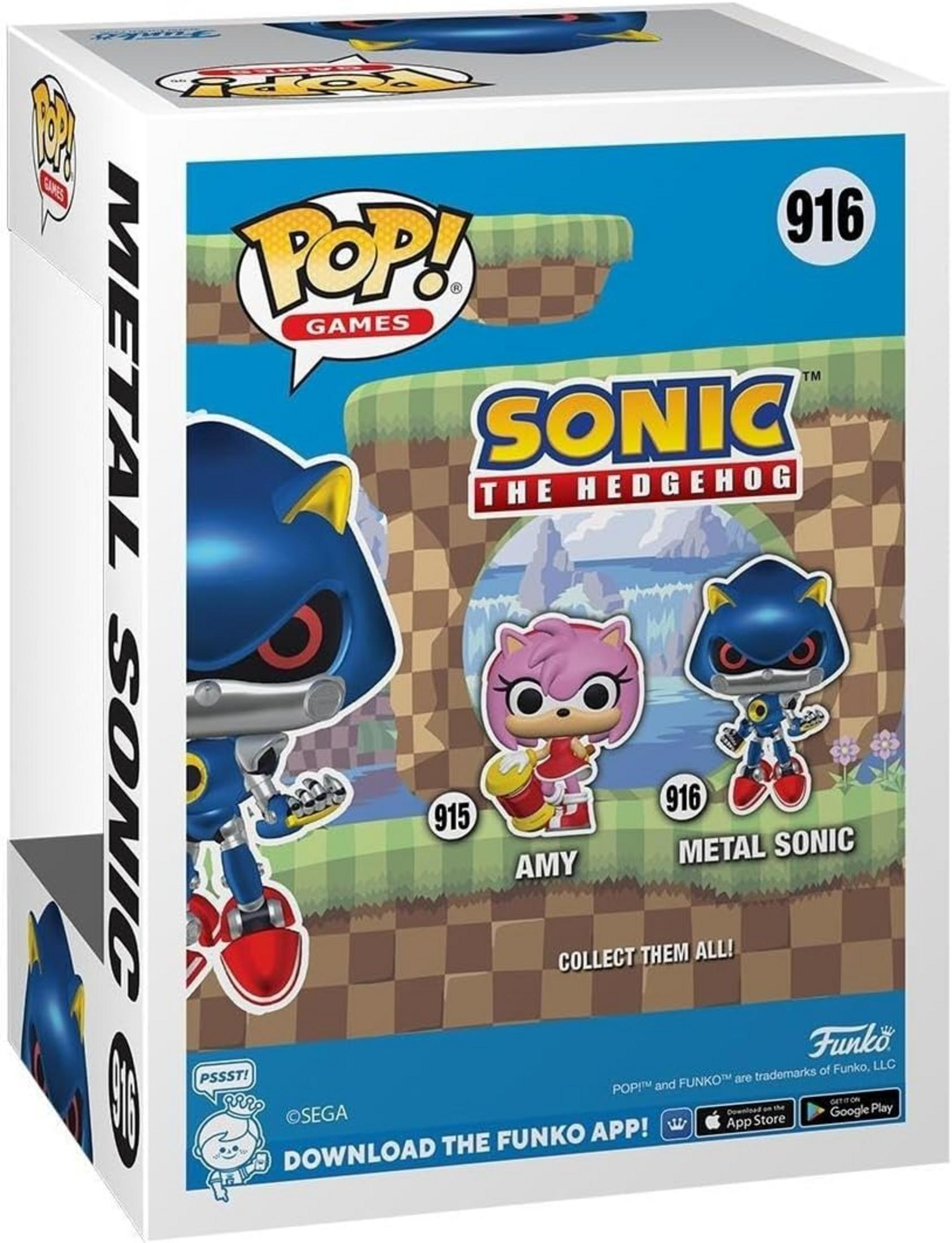 Box Funko Pop! con figure di Sonic, Amy e Metal Sonic su sfondo blu.