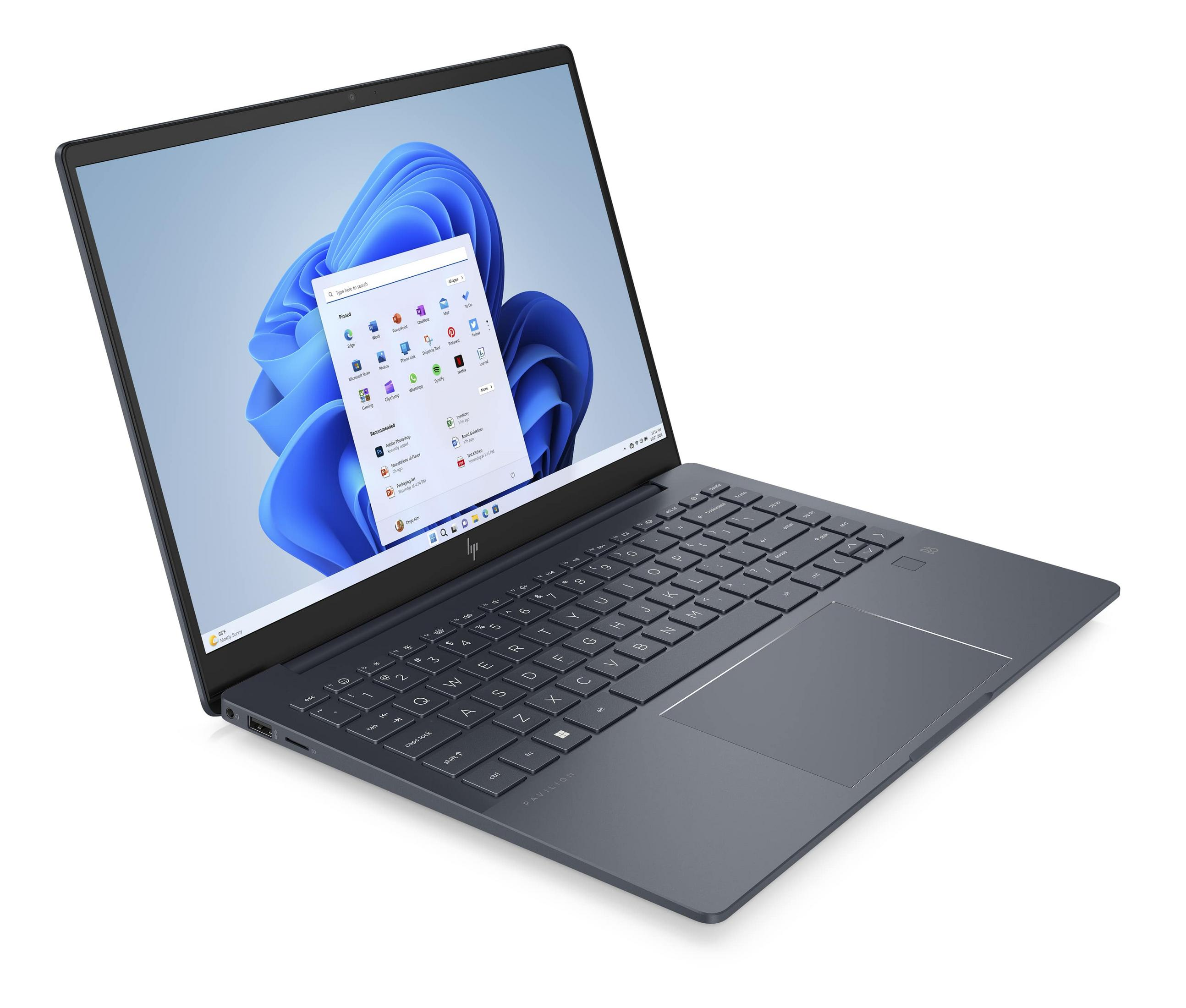 Portátil HP Pavilion gris oscuro con teclado iluminado y Windows 11.