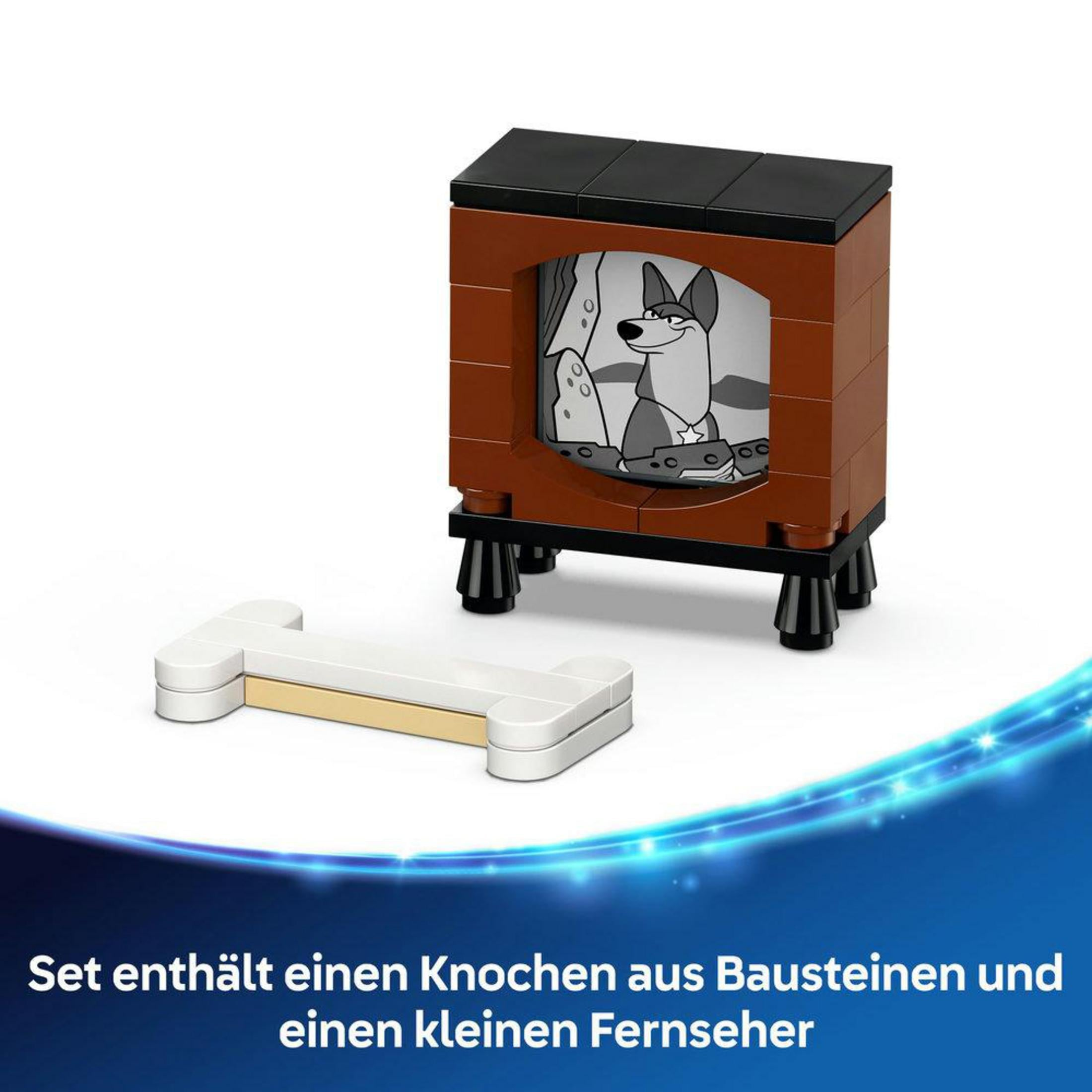 Een Lego bot en een tv met een cartoonhond op het scherm.