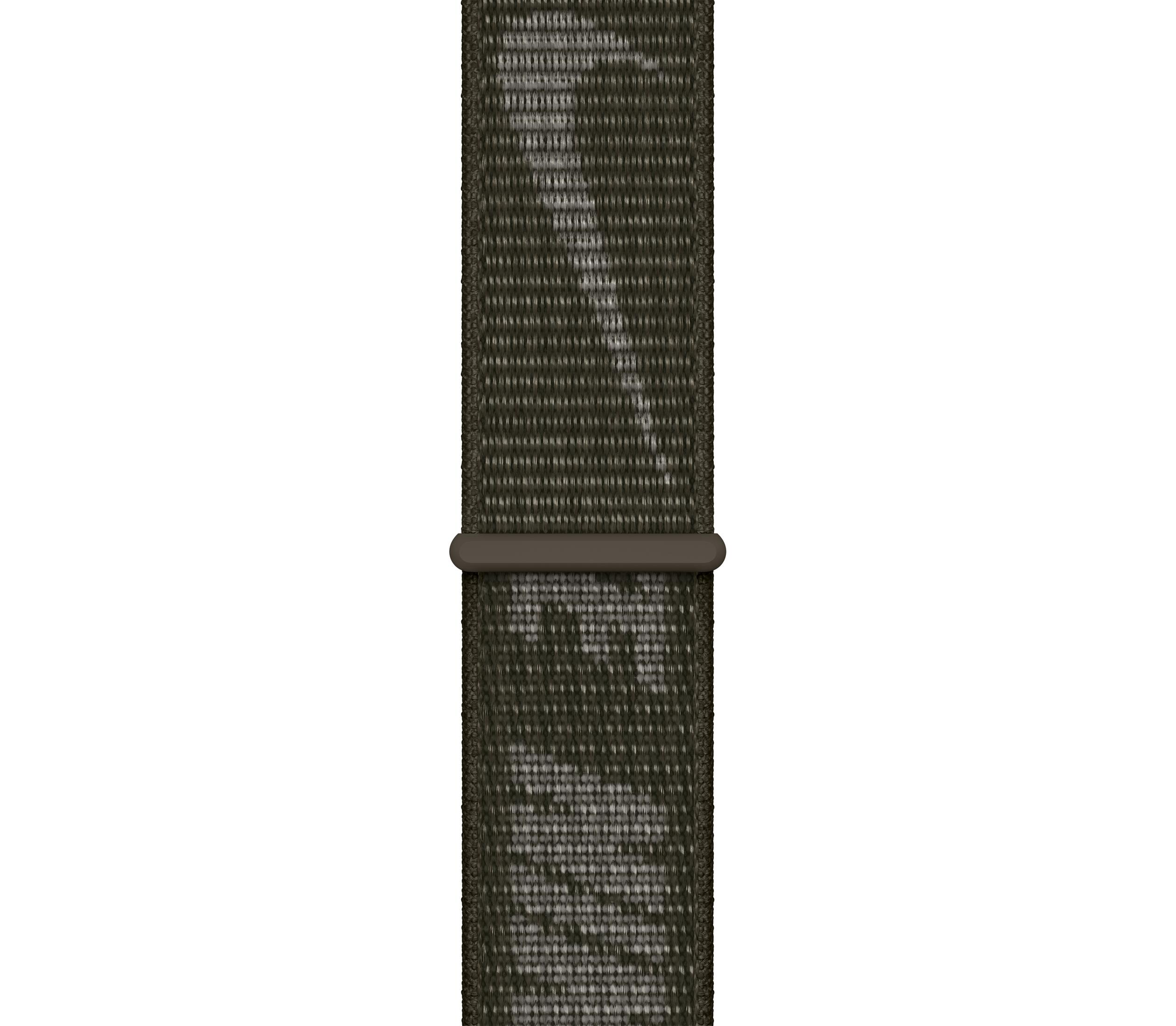 Dunkelgrünes Textilarmband mit grauem Muster und braunem Verschluss.