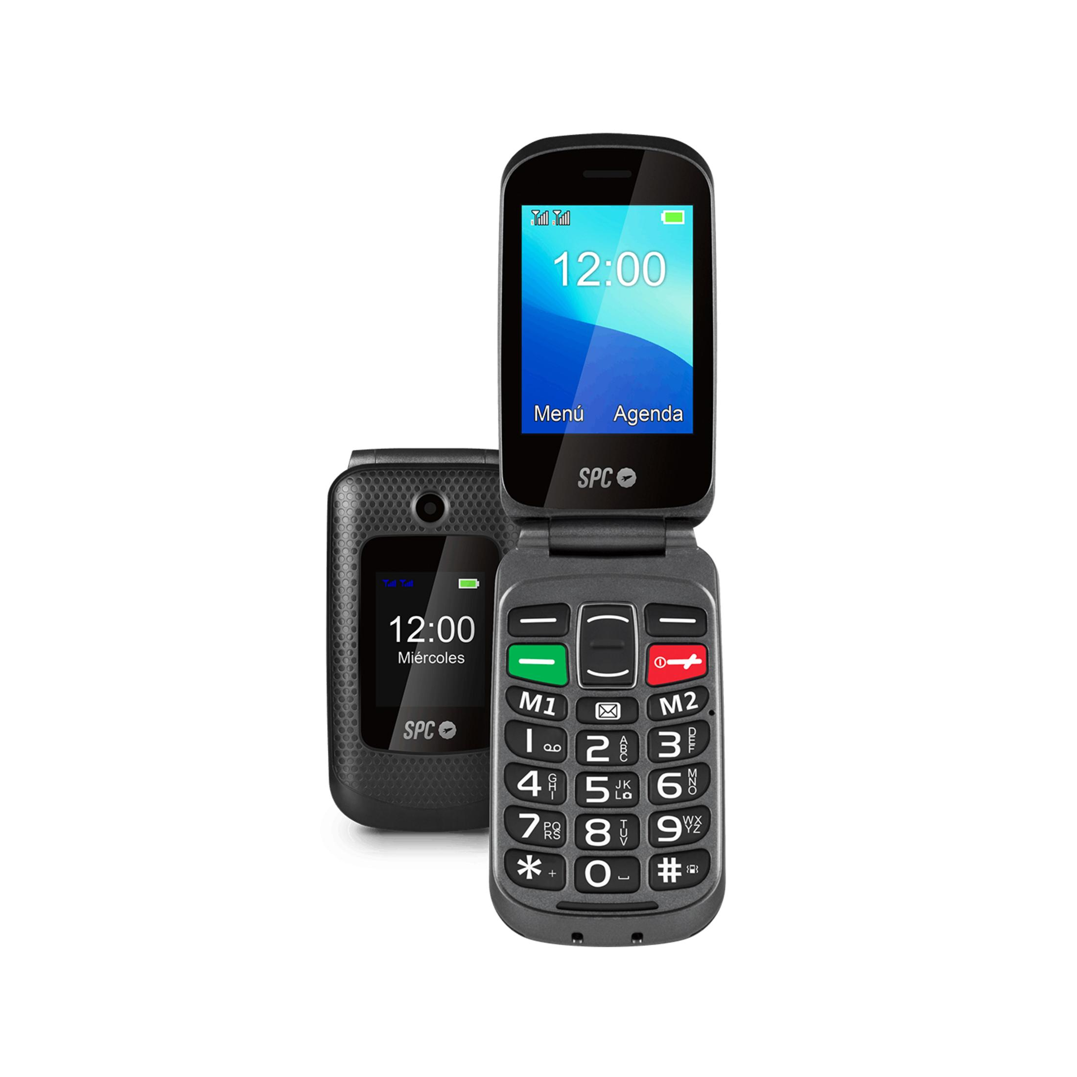 Due telefoni a conchiglia grigi, uno aperto, con tastiera e schermo grandi.