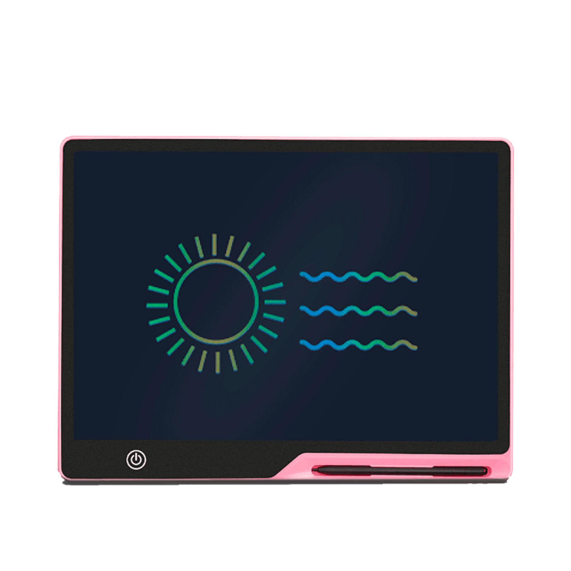 Un tablet rosa con un cerchio e un motivo a onde sul suo schermo scuro.