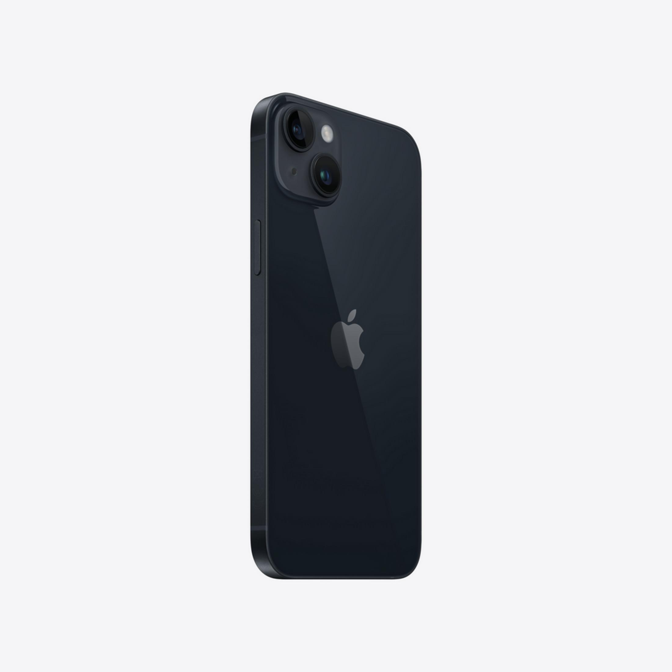 iPhone blu scuro con doppia fotocamera e logo Apple su sfondo bianco.