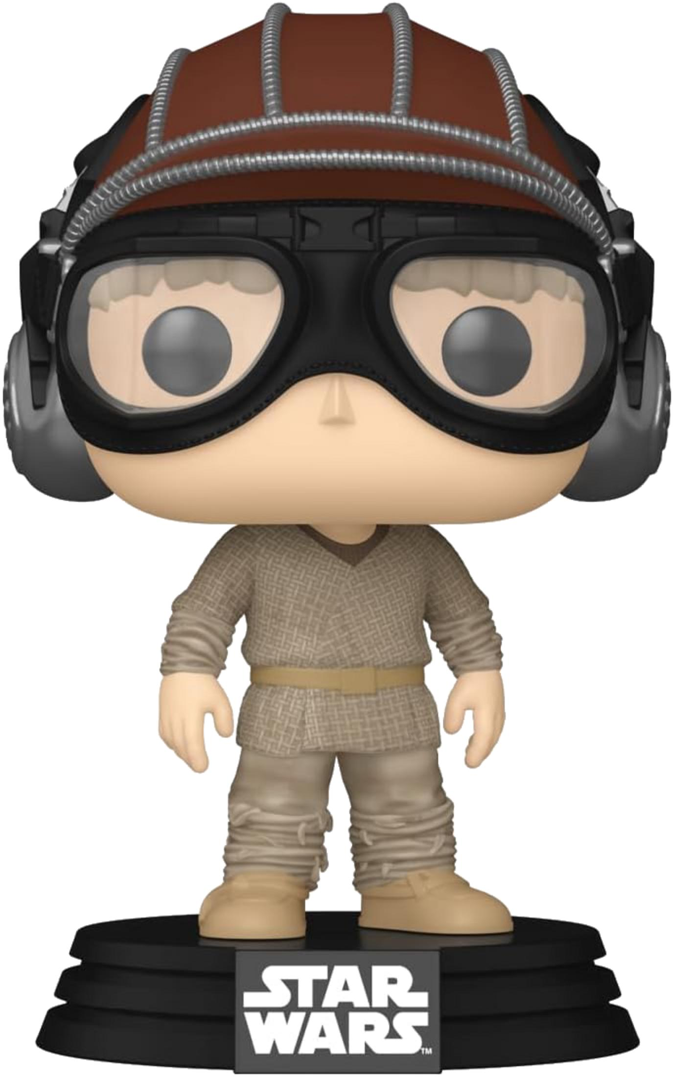 Statua Star Wars con occhiali, casco, tunica marrone, pantaloni beige e stivali su base nera.
