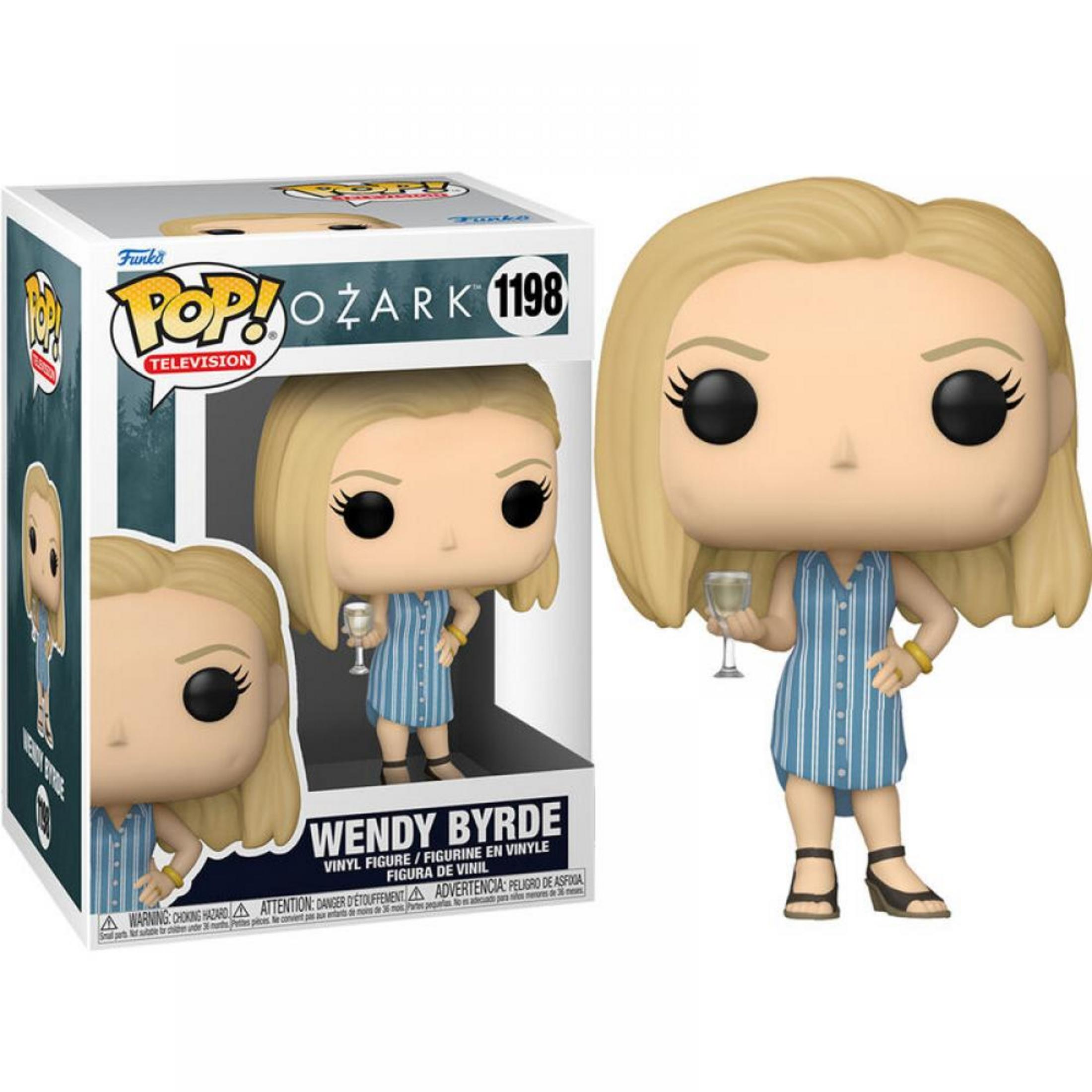 Figura Funko Pop! de Wendy Byrde de Ozark con vestido a rayas azules y blancas, sosteniendo una copa de vino.