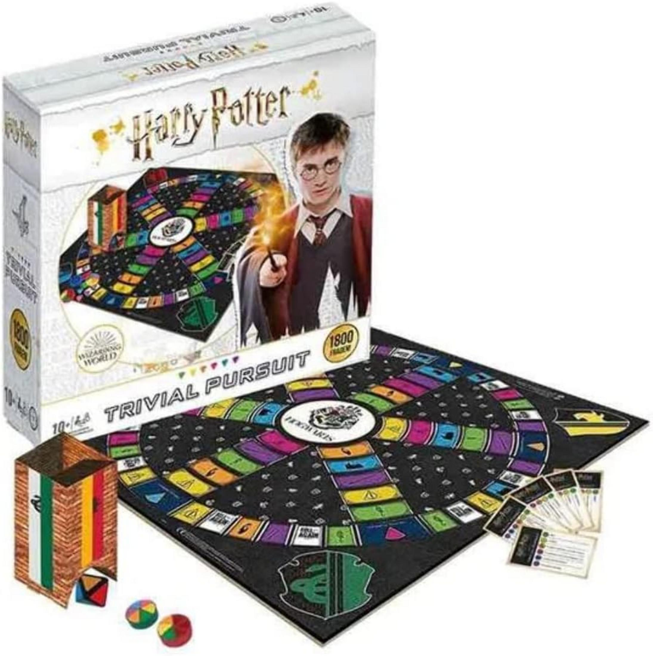 Juego de mesa Trivial Pursuit de Harry Potter con caja, tablero, cartas, dados y fichas.