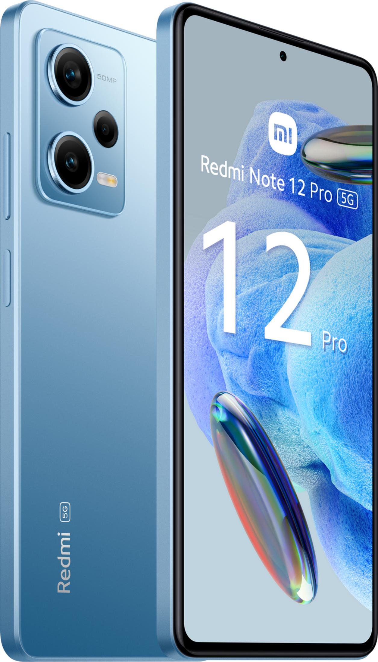 Ein hellblaues Redmi Note 12 Pro 5G Smartphone, Rückseite mit drei Kameras.