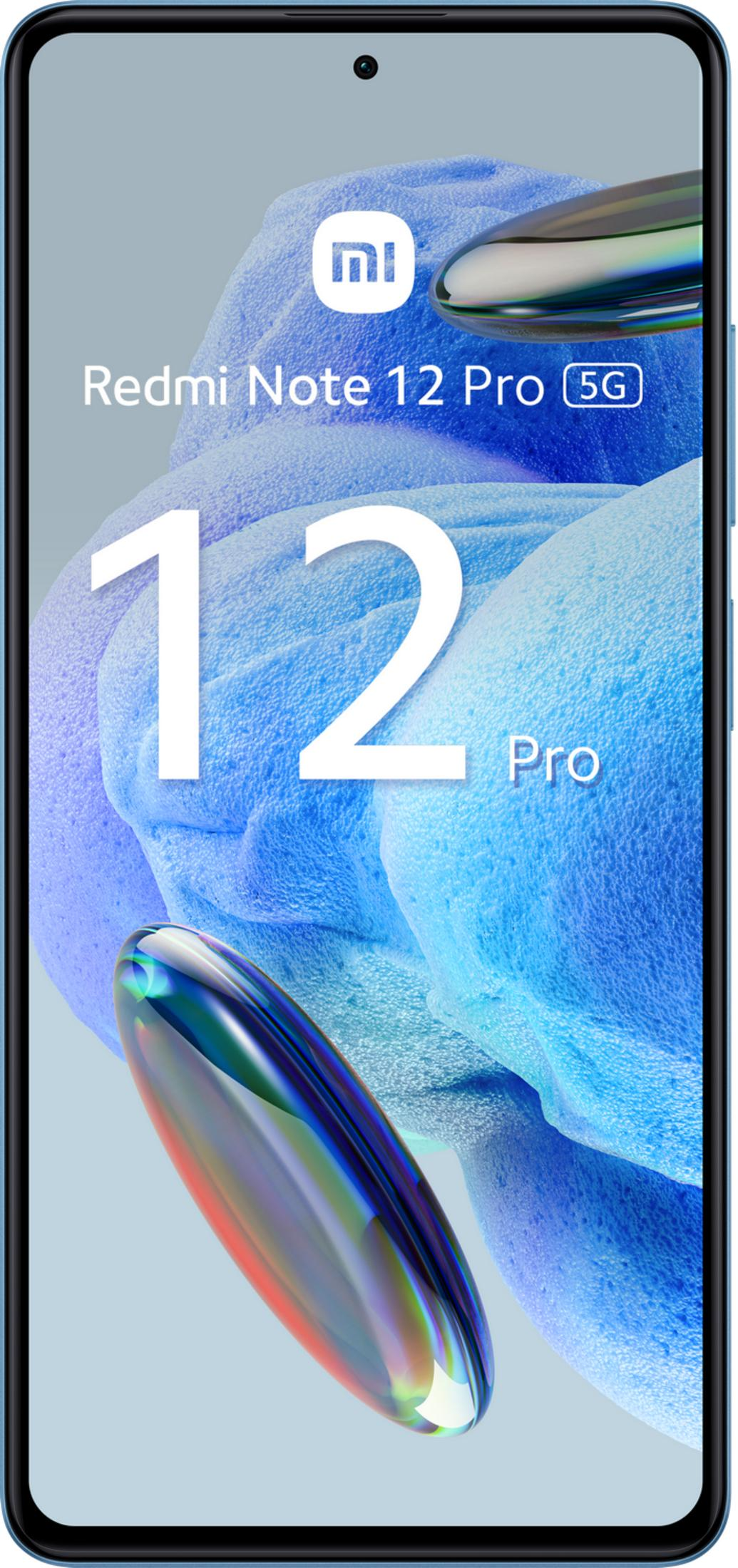 Ein Smartphone mit "Redmi Note 12 Pro 5G" und einer großen "12" auf blauem Hintergrund.