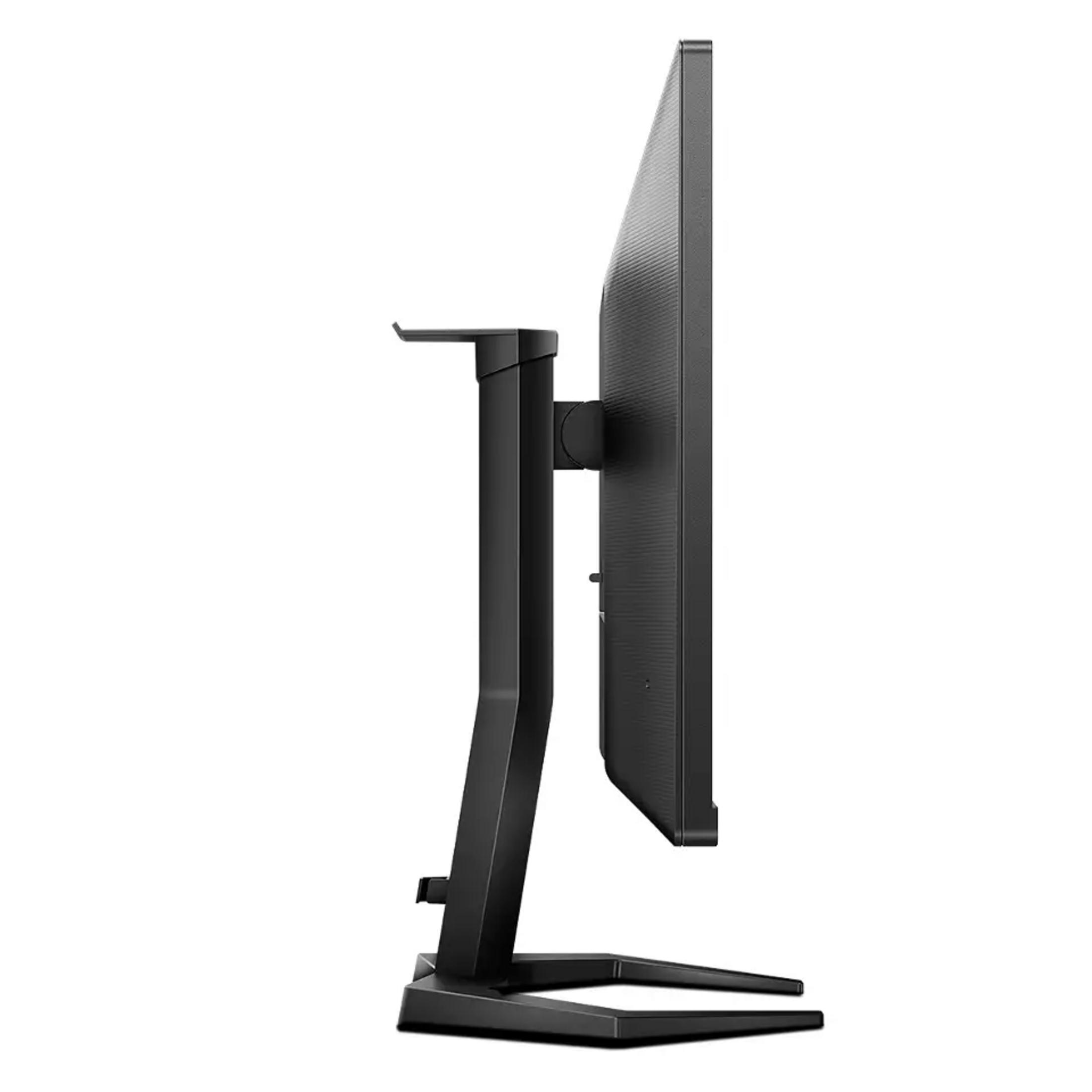 Schwarzer Computermonitor auf einem Ständer, von der Seite gesehen.