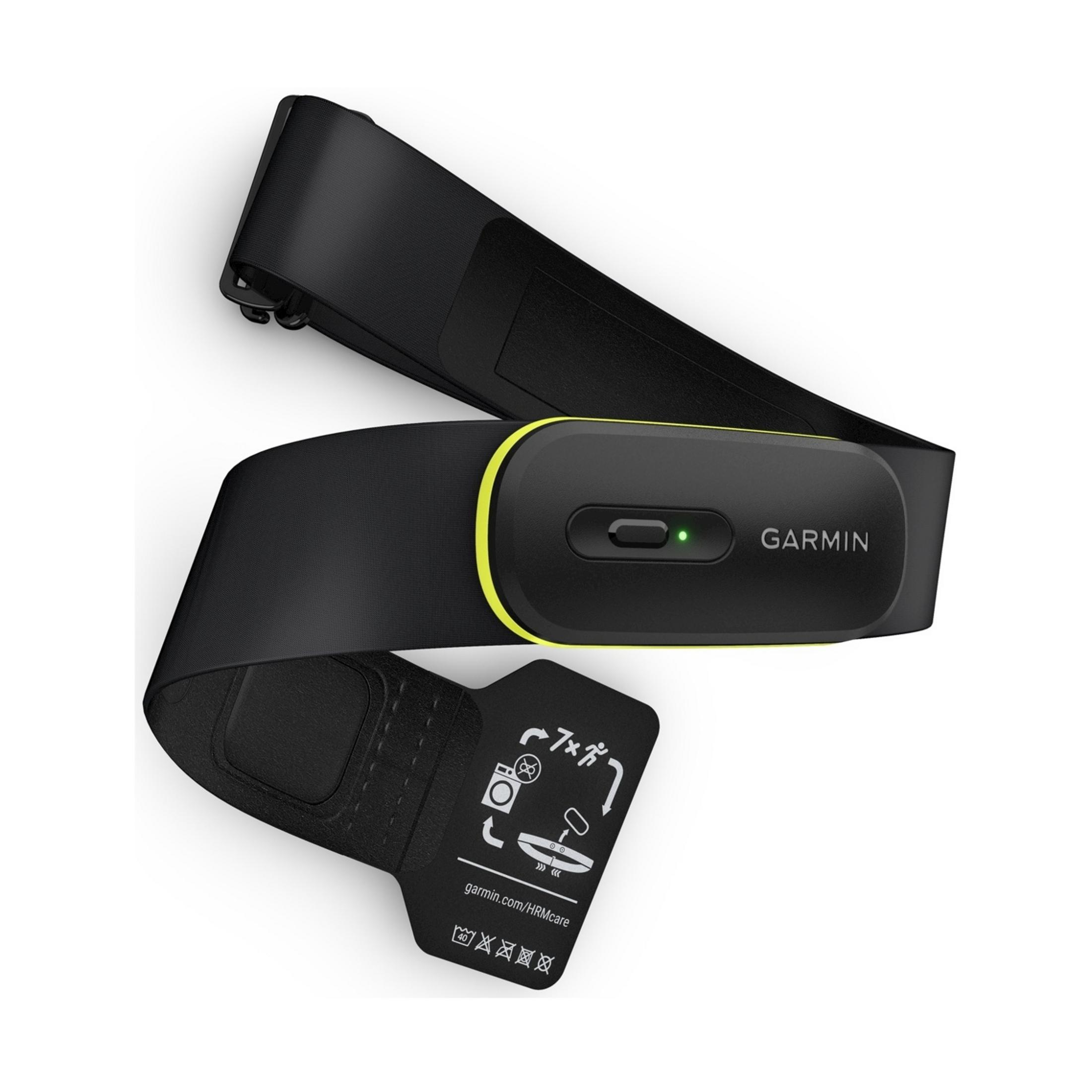 Schwarzer Garmin-Herzfrequenzmesser mit limettengrünem Akzent und kleiner grüner LED.