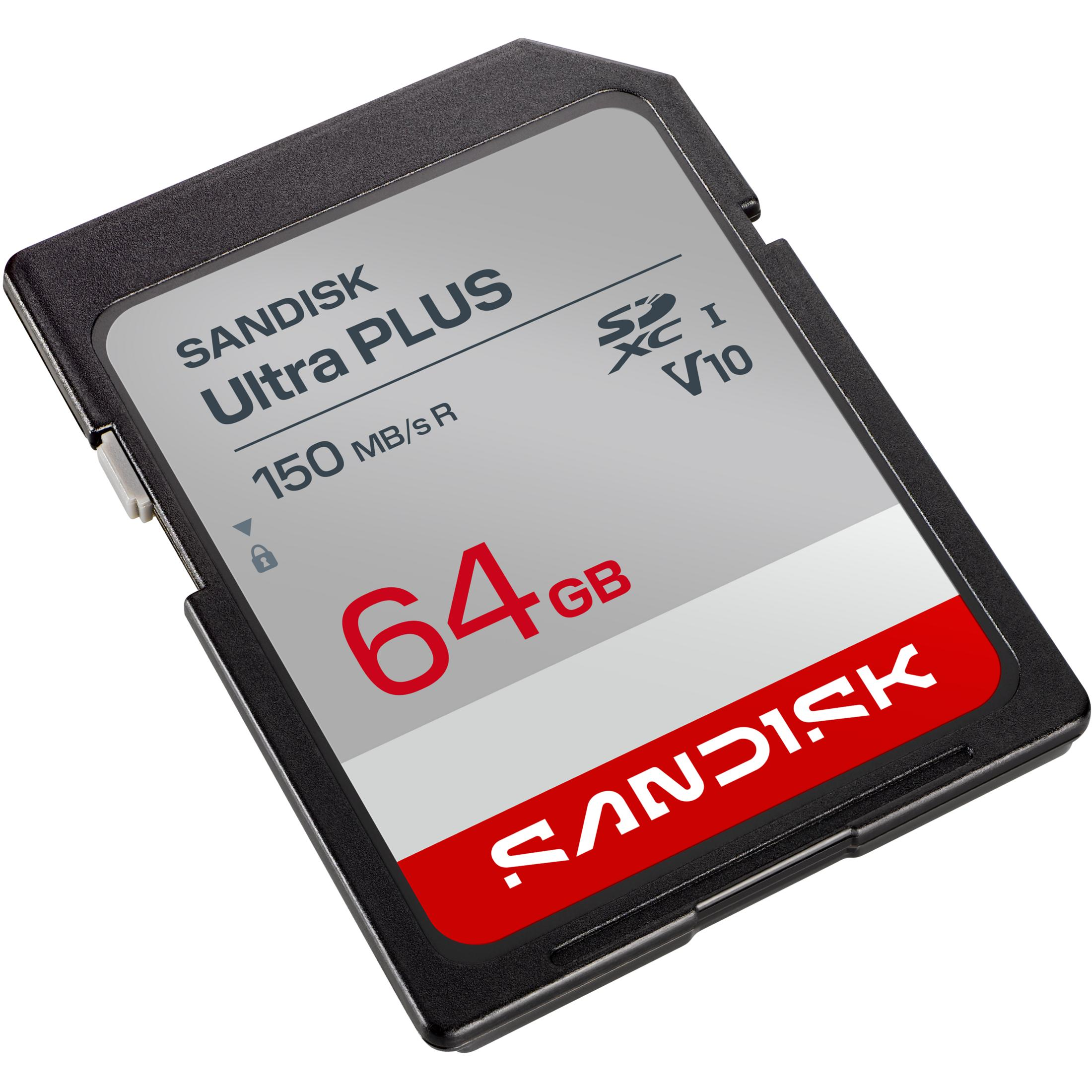 Una scheda SDXC Sandisk Ultra Plus nera da 64GB con rating V10.