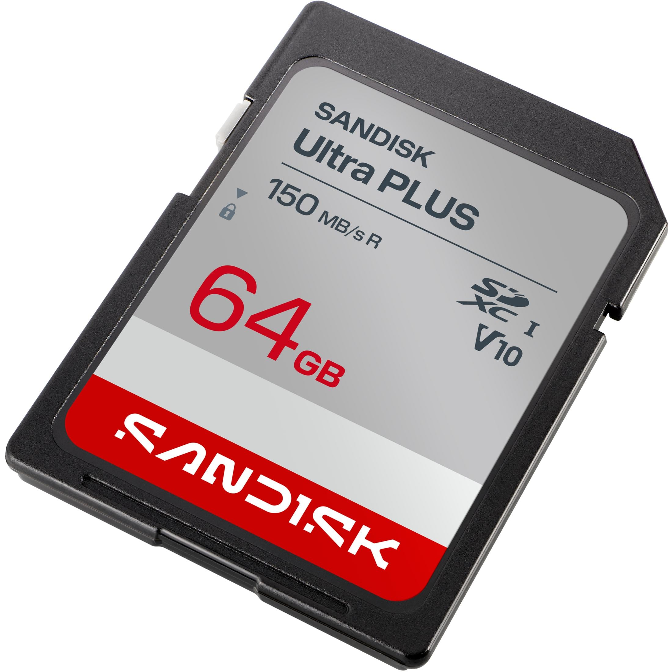 Una scheda SDXC SanDisk nera da 64GB con 