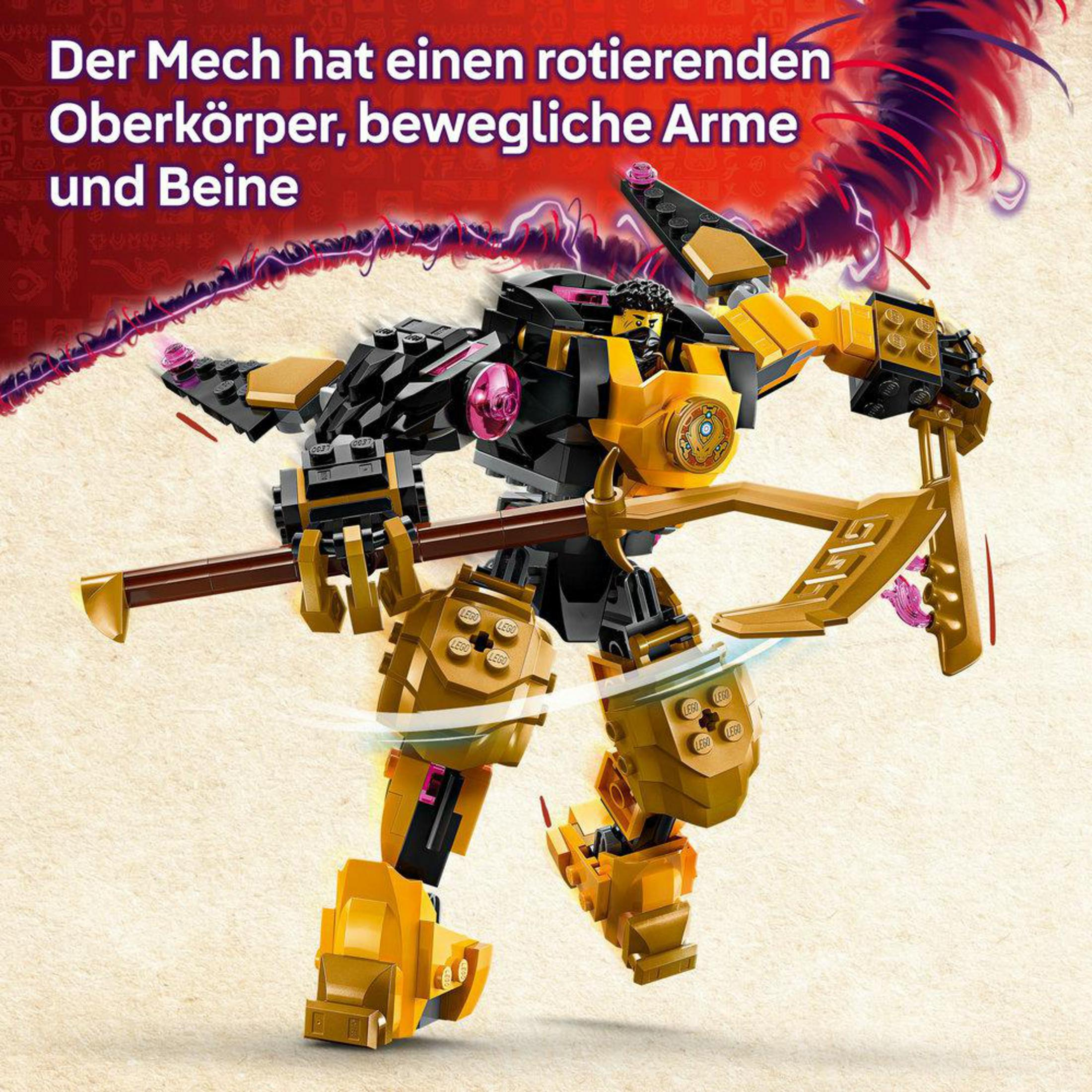 Un mecha amarillo y negro con torso, brazos y piernas giratorios.