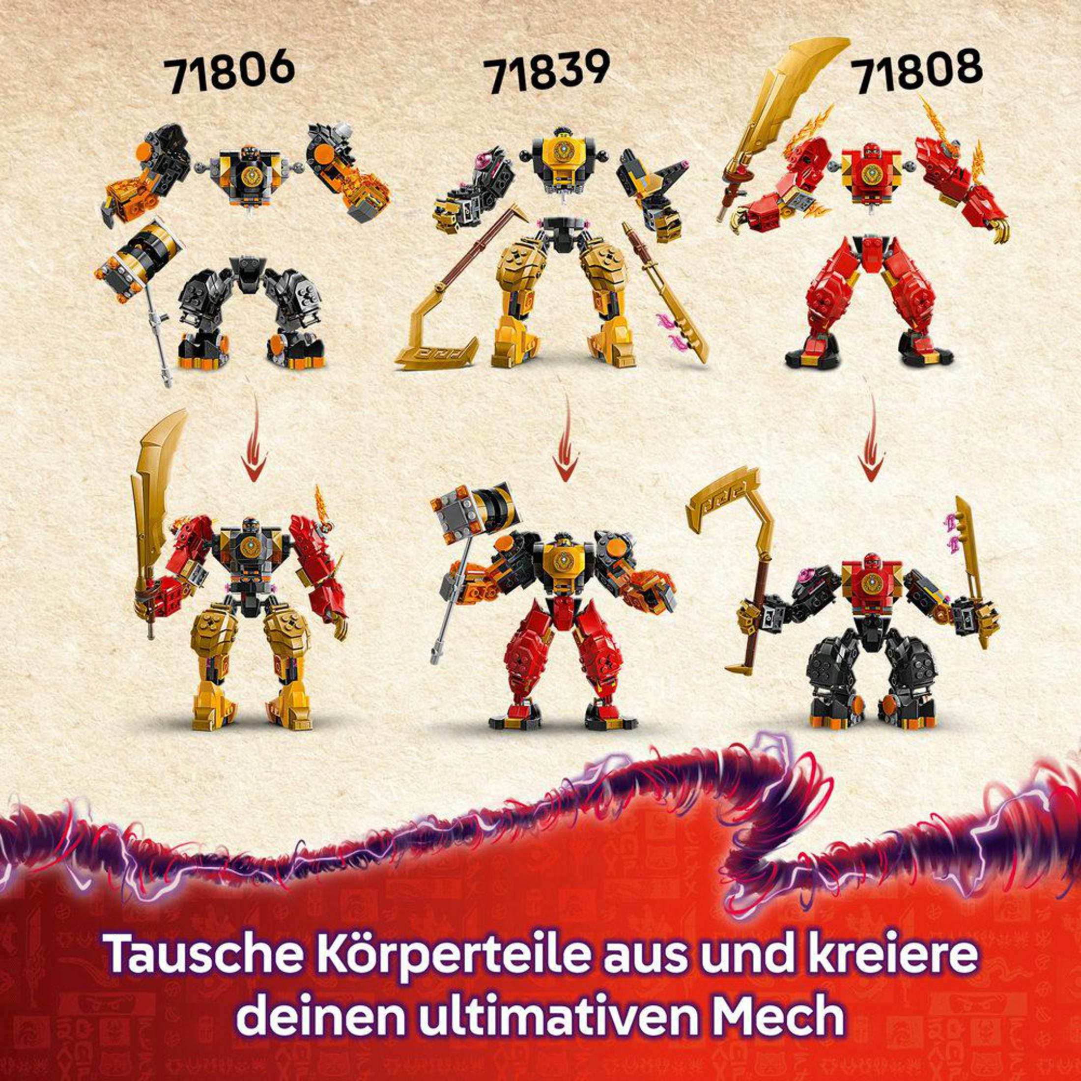 Tres mechs de Lego, desmontados y montados, con texto 'Cambia piezas y crea tu meca definitivo'.