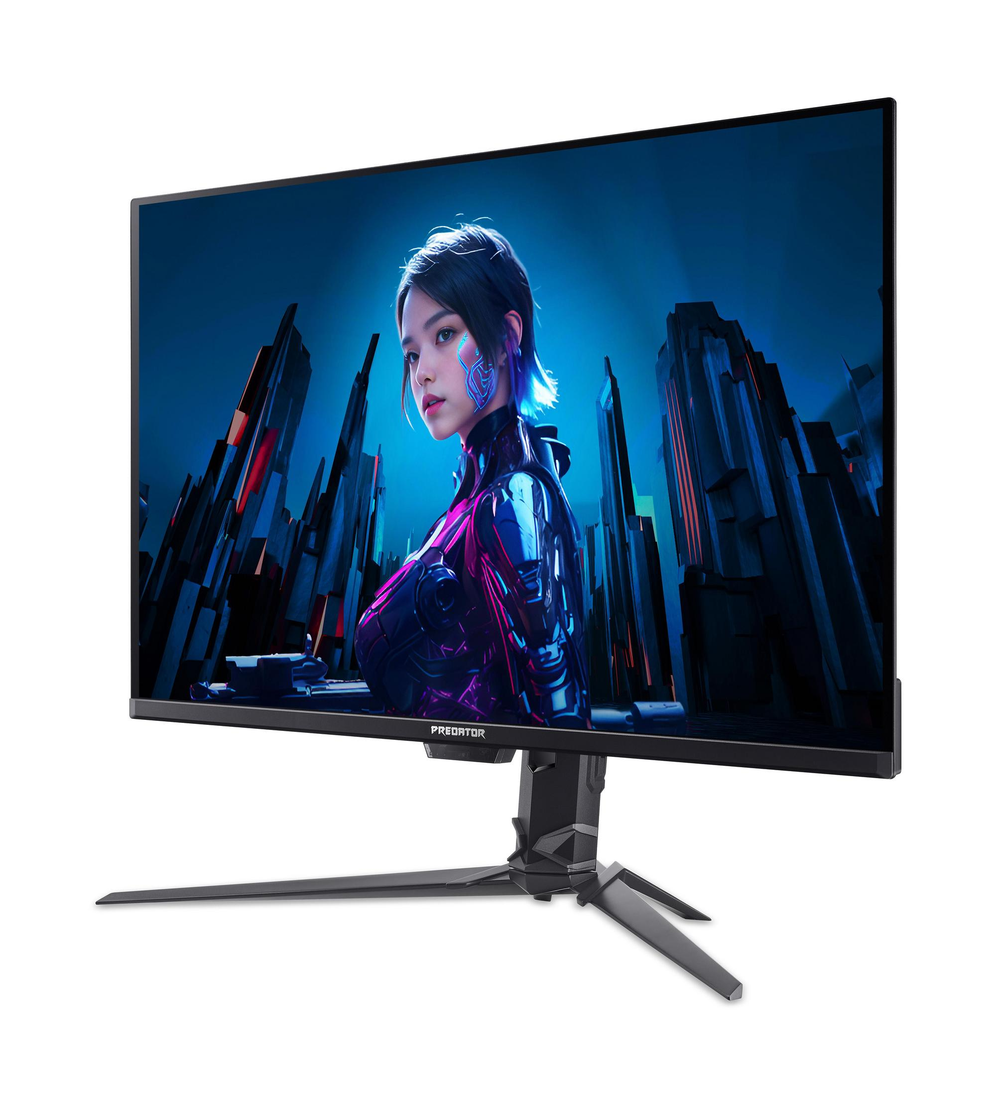 Ein Gaming-Monitor zeigt eine Frau mit kybernetischen Elementen vor einer futuristischen Stadt.