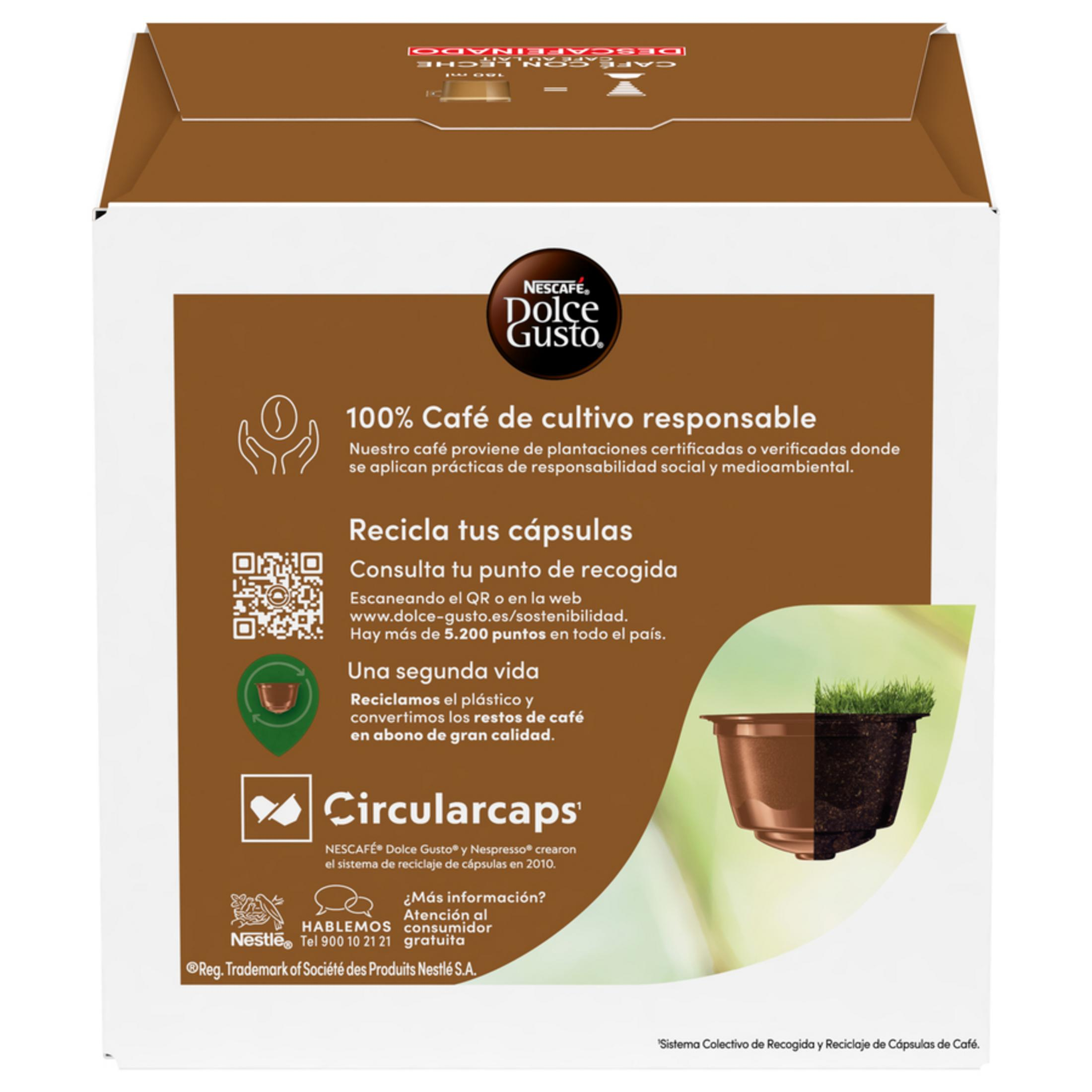 Confezione con logo Nescafé Dolce Gusto, QR code e info riciclo.