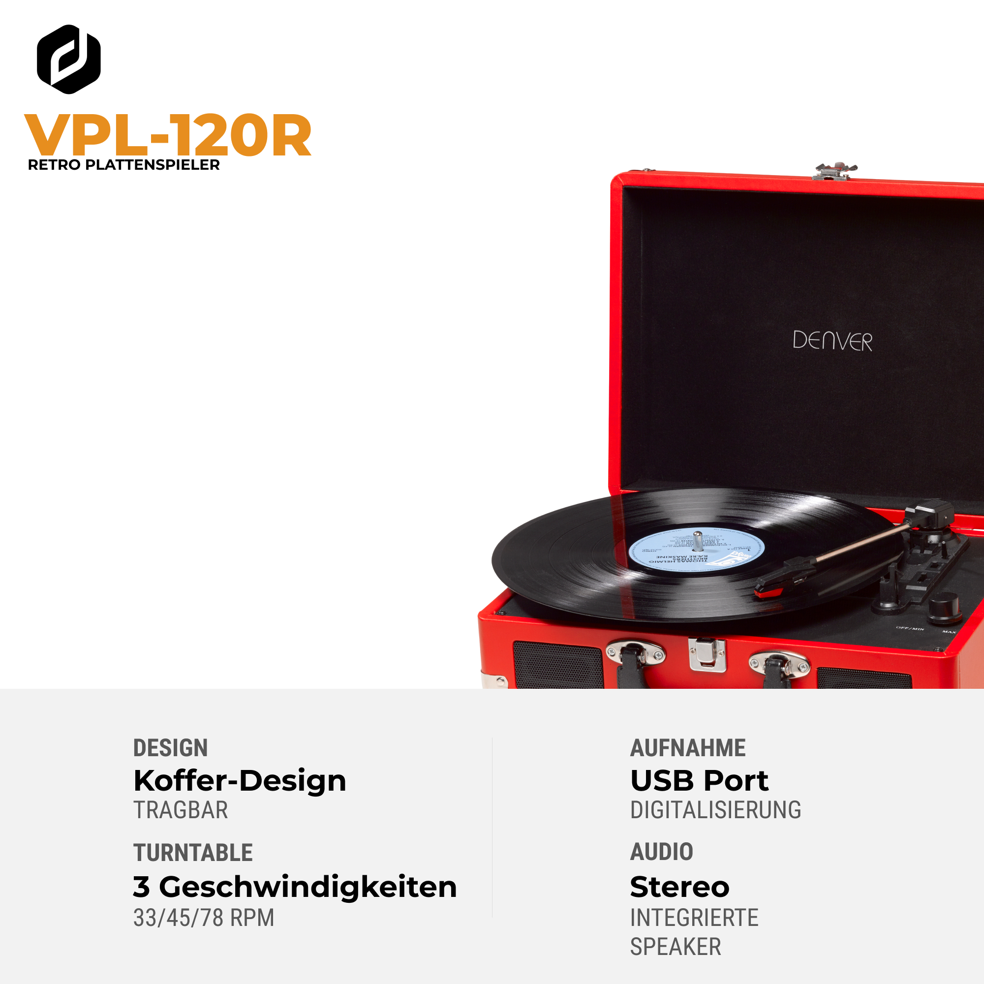 Giradischi Denver VPL-120R rosso con vinile e testo, design valigetta.