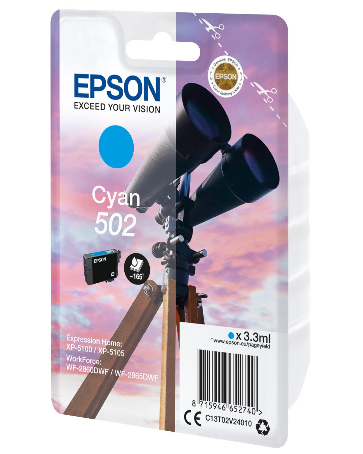 Cartucho de tinta Epson Cyan 502 con binoculares y trípode sobre fondo colorido.