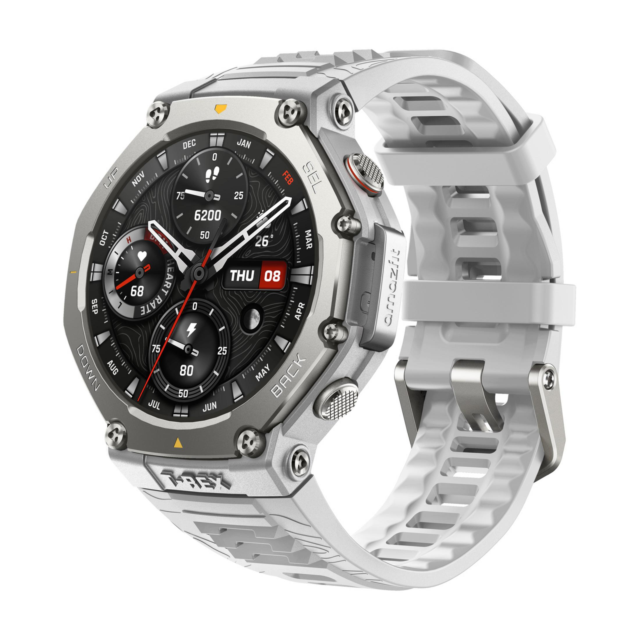 Silberne Smartwatch mit weißem Armband. Das Zifferblatt zeigt Datum, Herzfrequenz und Schritte.