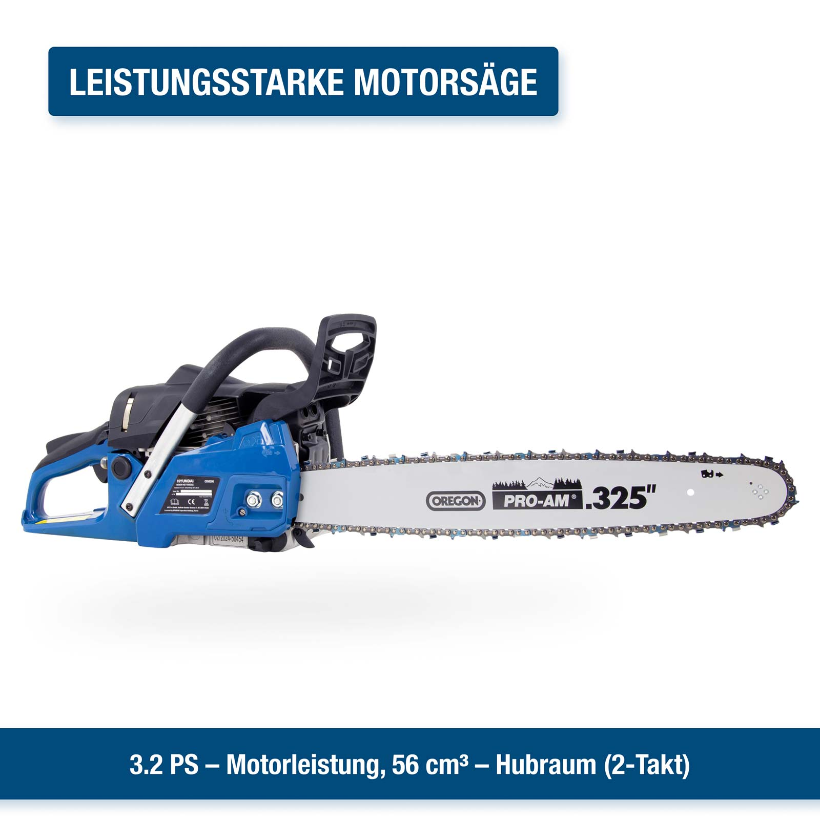 Eine blaue Motorsäge mit schwarzem Griff und silberner Kette von Oregon.